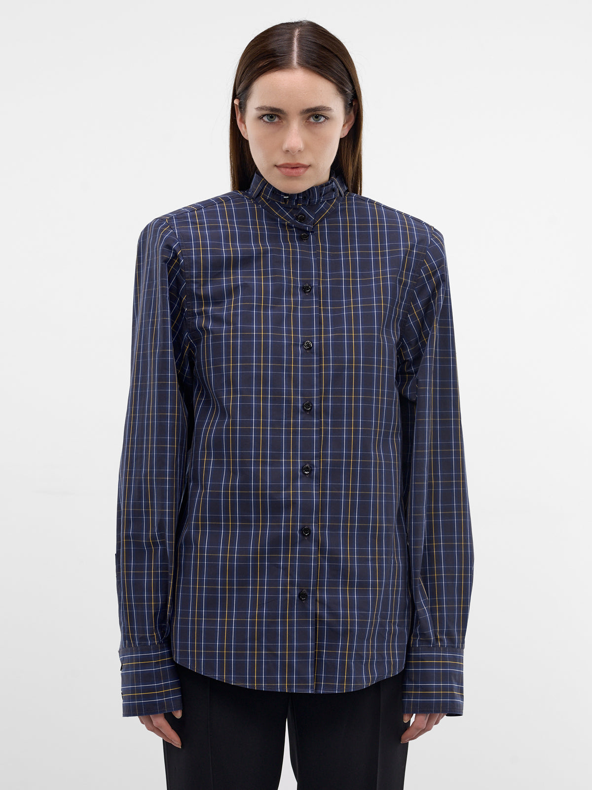 Plaid Belted Collar Button-Down Shirt (26P1T00856273-DARK-BLUE)