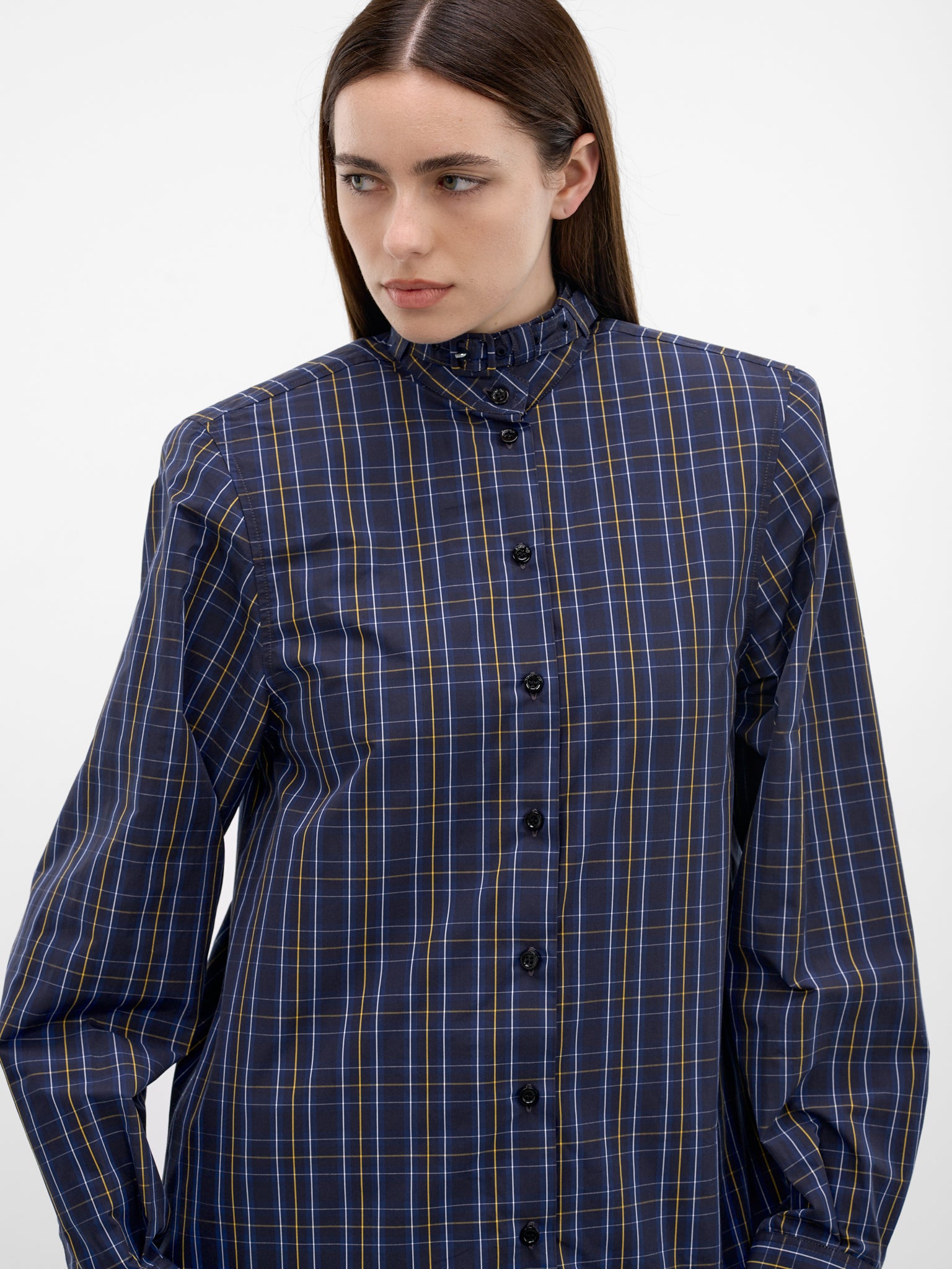 Plaid Belted Collar Button-Down Shirt (26P1T00856273-DARK-BLUE)