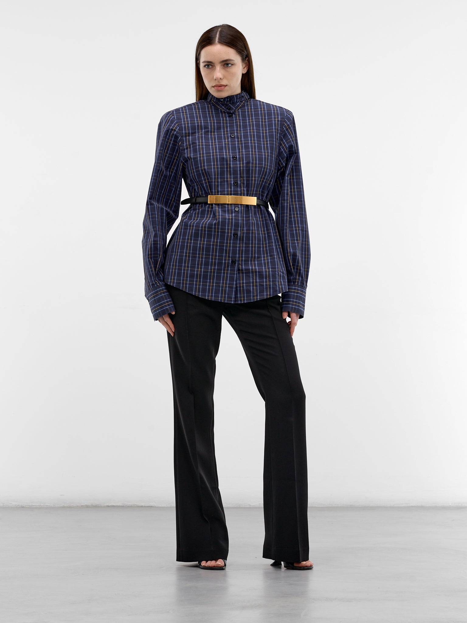 Plaid Belted Collar Button-Down Shirt (26P1T00856273-DARK-BLUE)