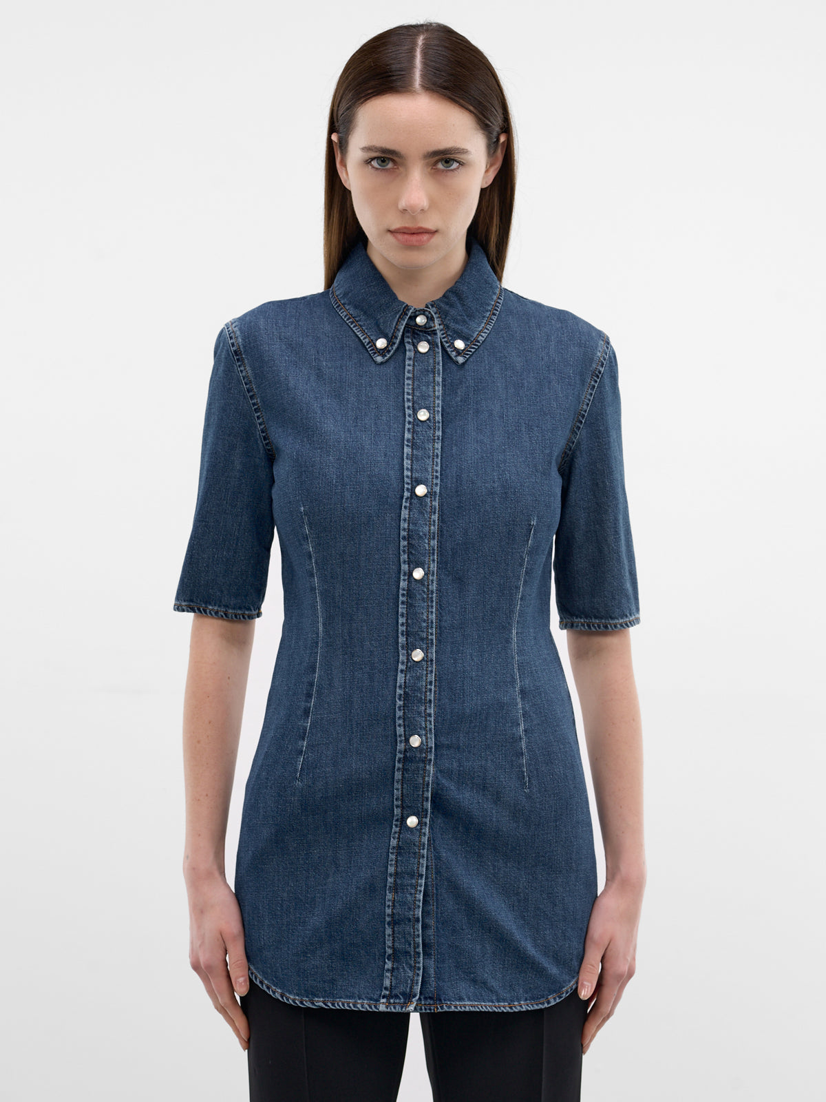 Denim Darted Short Sleeve Shirt (26P6T008612032-BLUE-RINSE