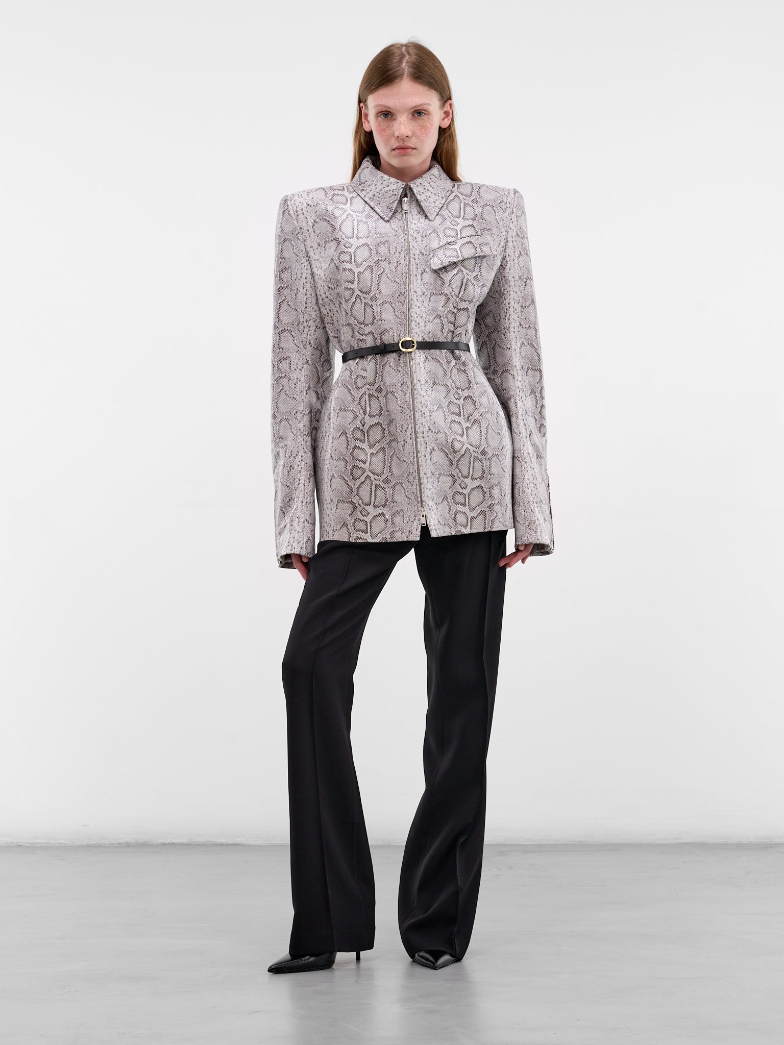 Snakeskin Print Leather Hourglass Jacket (26P9VE04859000-8020-GREY)