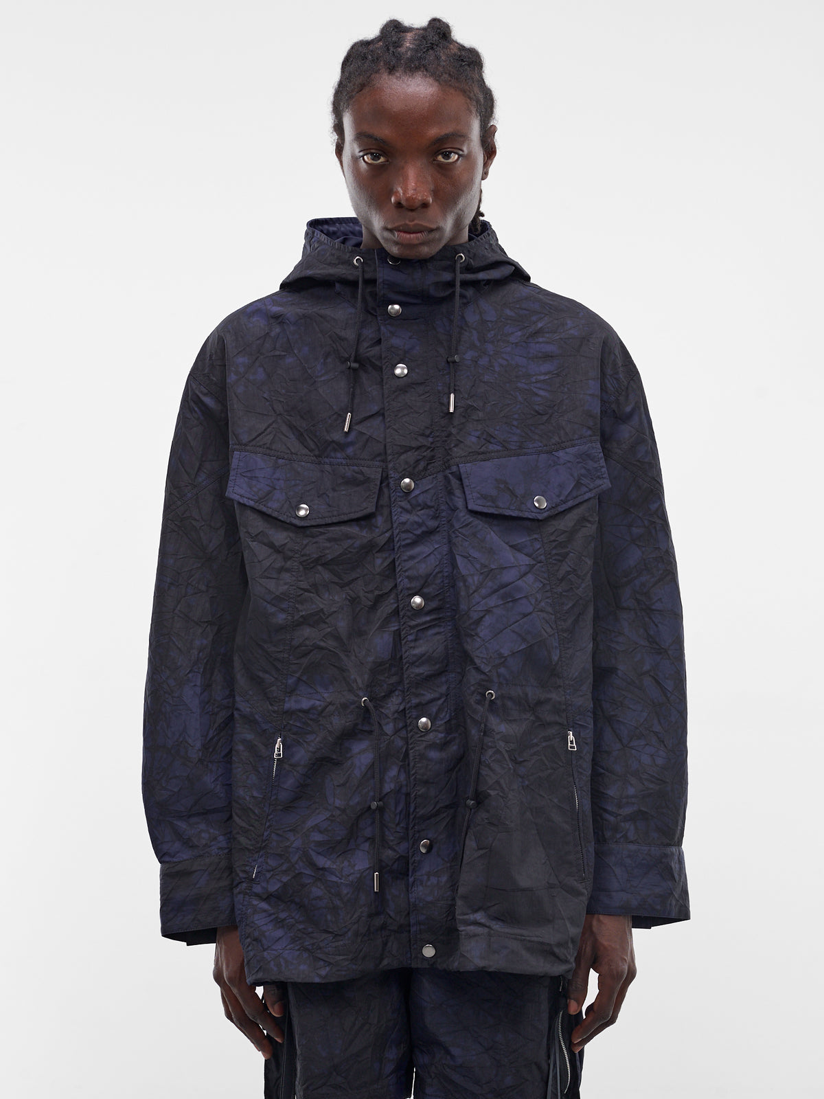 Navy Wrinkled Nylon Hooded Jacket (26S0327-NAVY-BLACK)