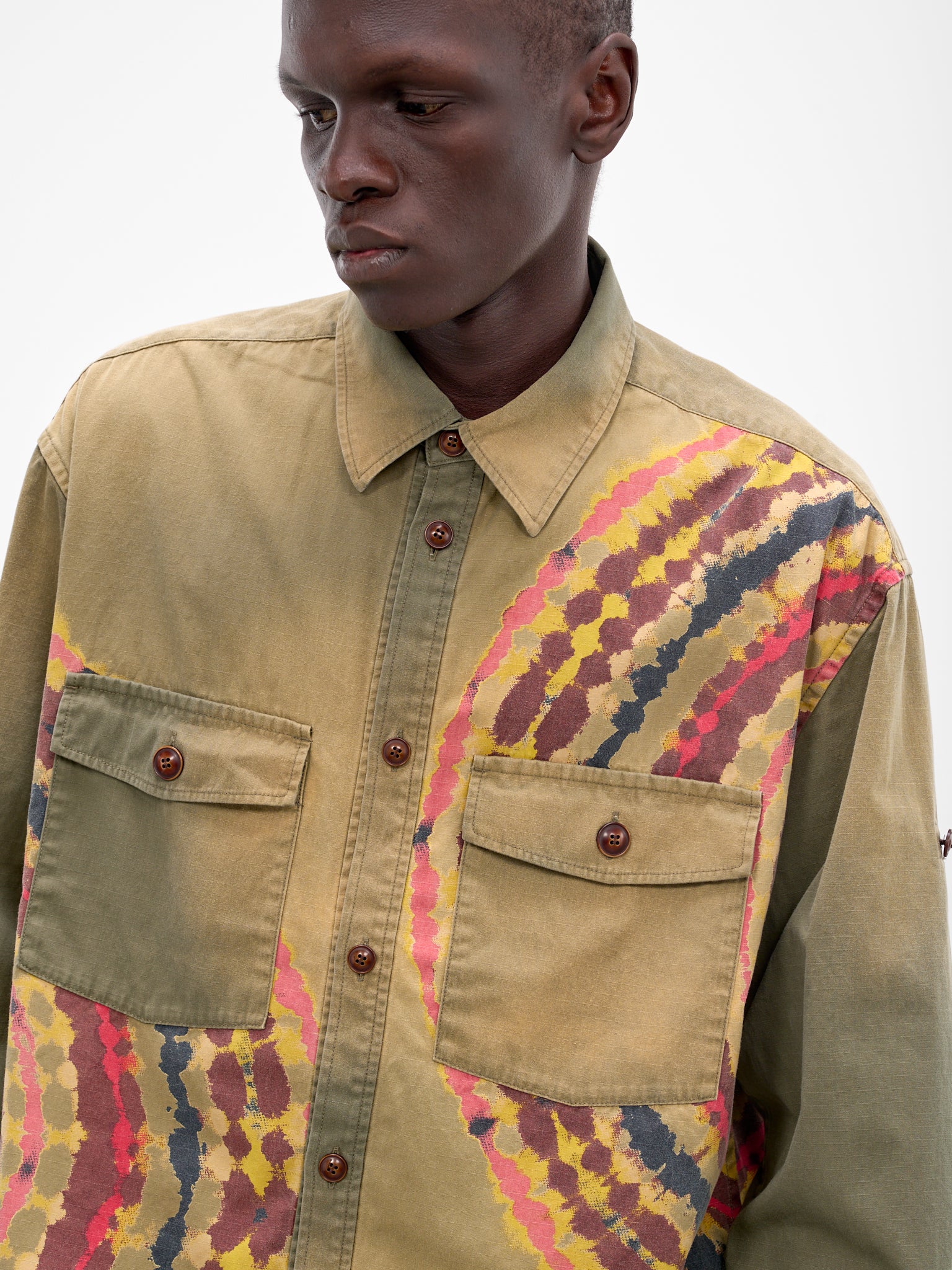 Tie-Dye Faded Cotton Button-Up Shirt (26SS-B-02-KHAKI)