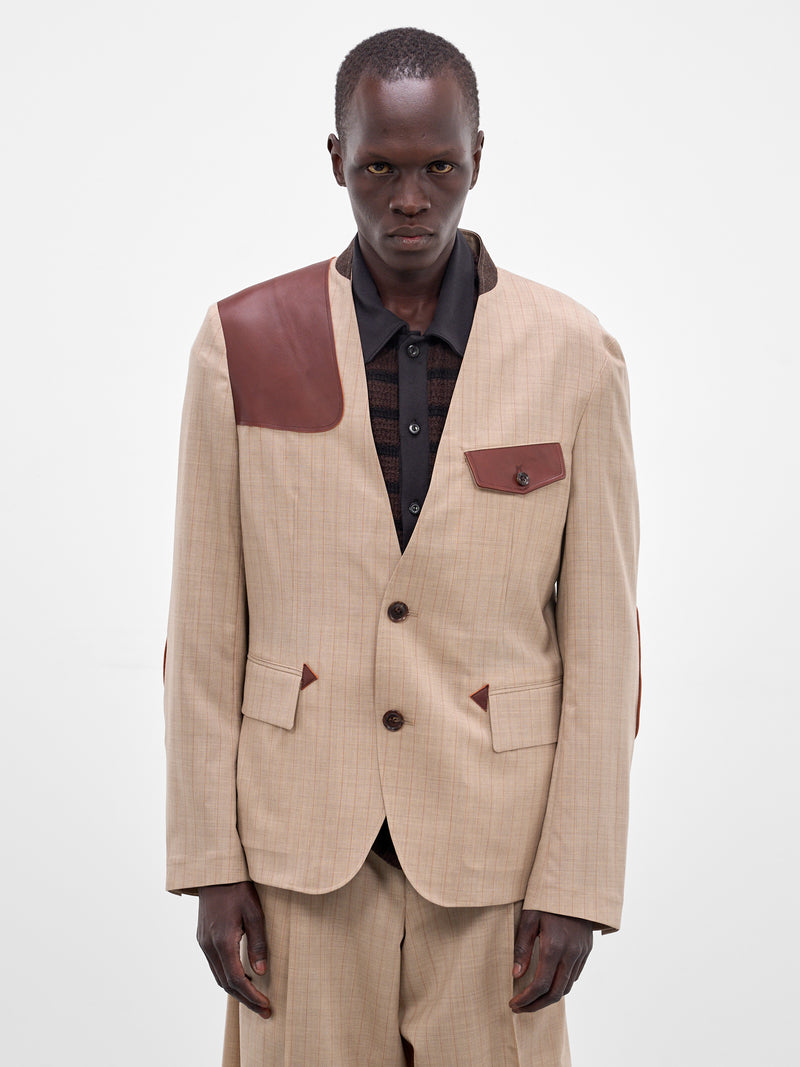 Beige Wool Striped Lapelless Blazer (26SS-JK-01-BEIGE)