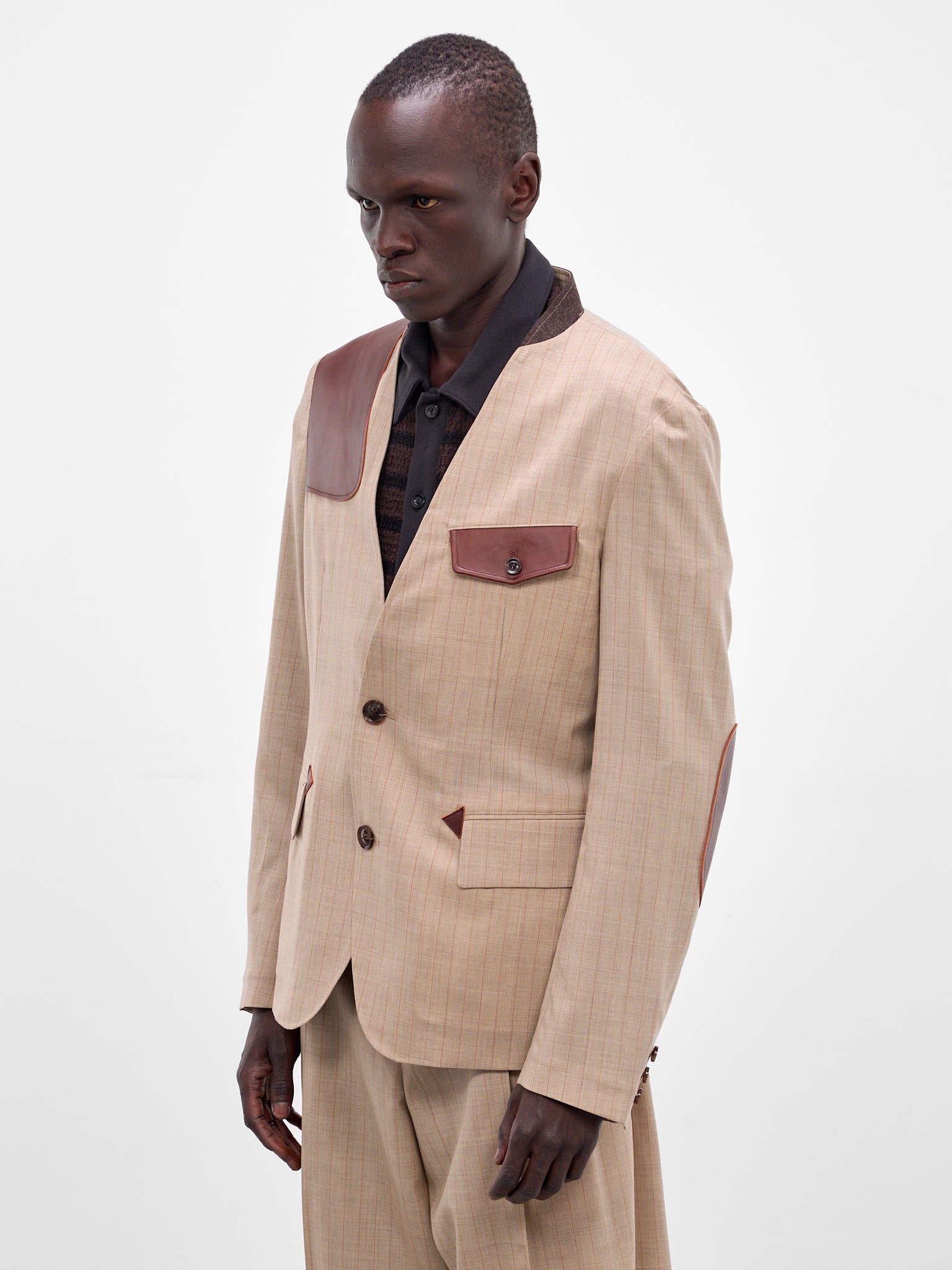 Beige Wool Striped Lapelless Blazer (26SS-JK-01-BEIGE)