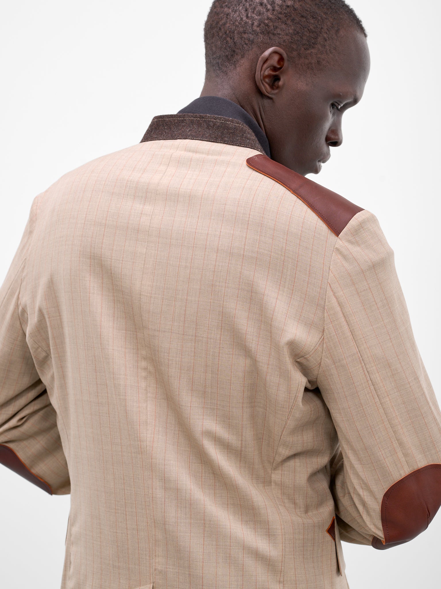 Beige Wool Striped Lapelless Blazer (26SS-JK-01-BEIGE)