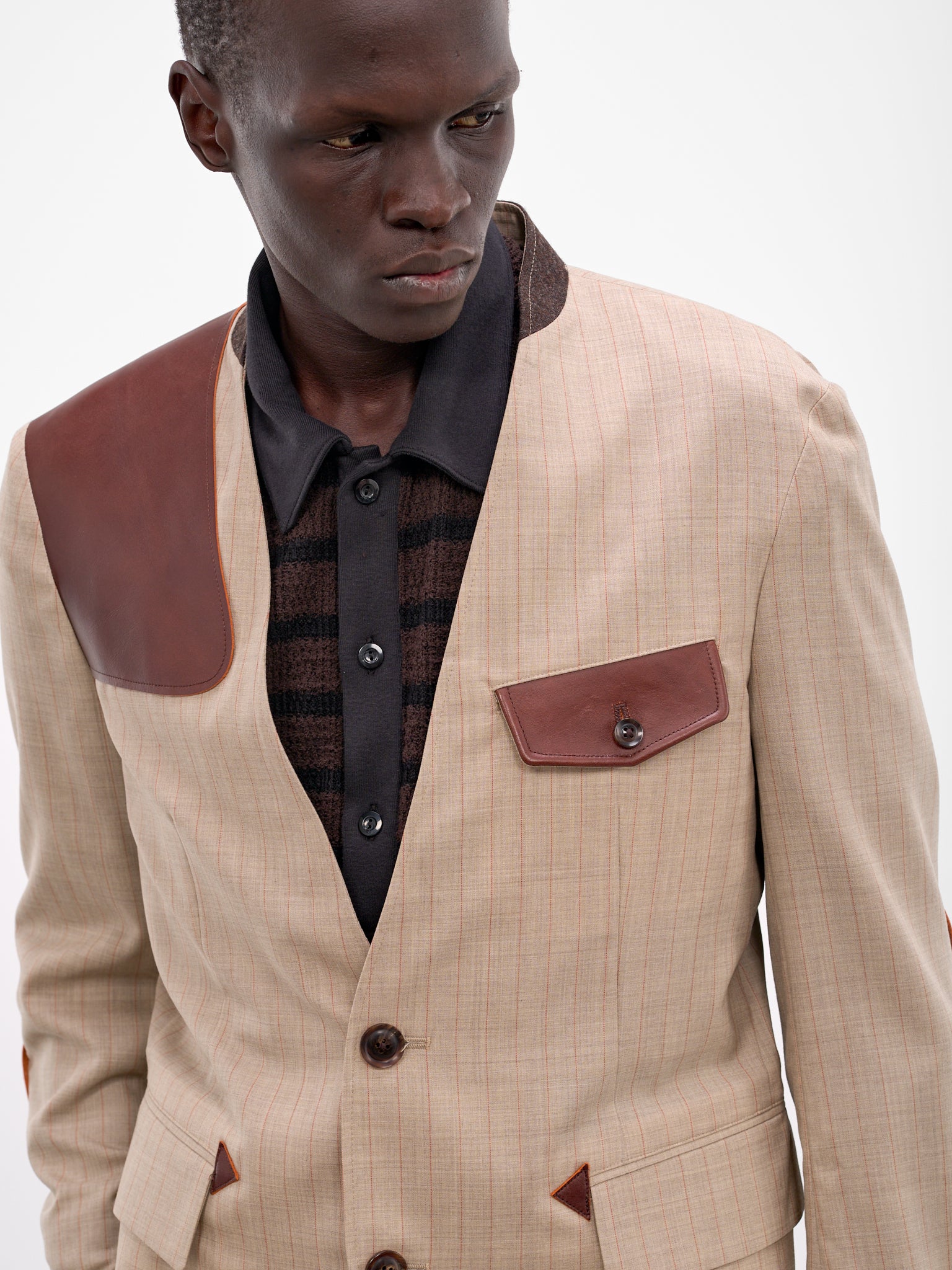 Beige Wool Striped Lapelless Blazer (26SS-JK-01-BEIGE)