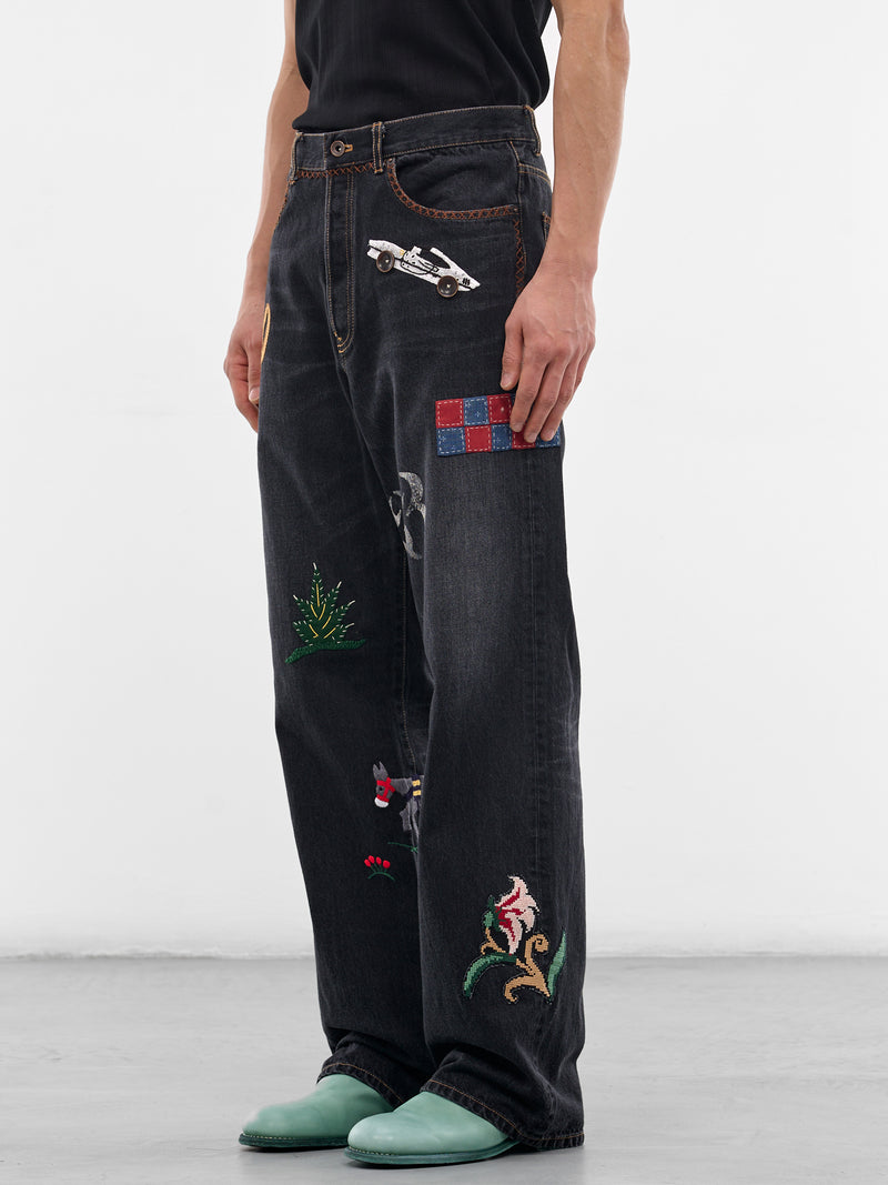 Black Denim Hand-Embroidered Jeans (26SS-P-10-BLACK)