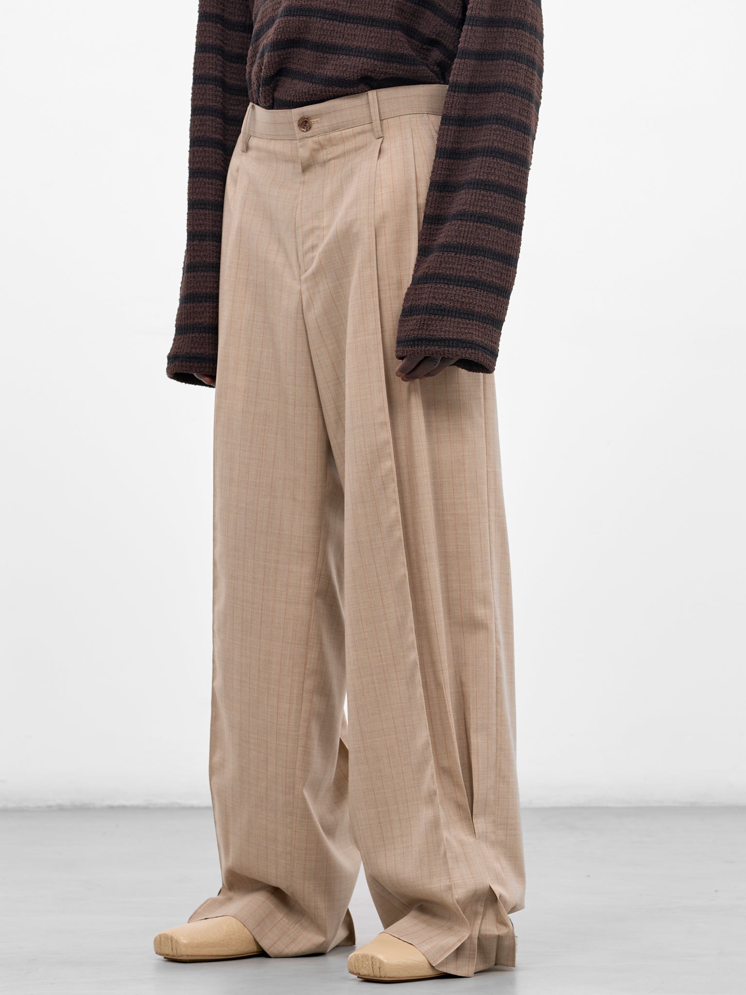 Beige Wool Striped Baggy Trousers (26SS-P-12-BEIGE)