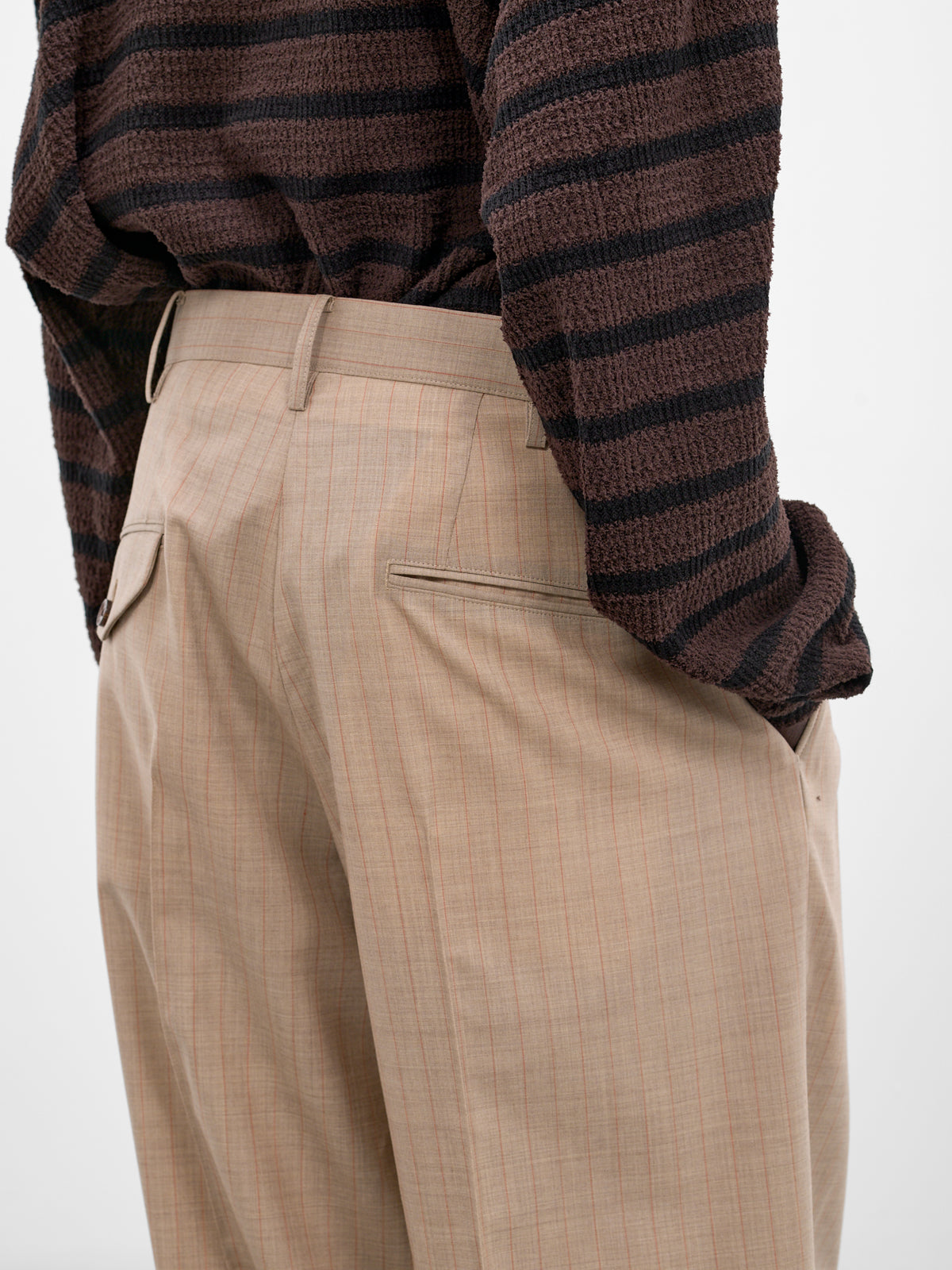 Beige Wool Striped Baggy Trousers (26SS-P-12-BEIGE)