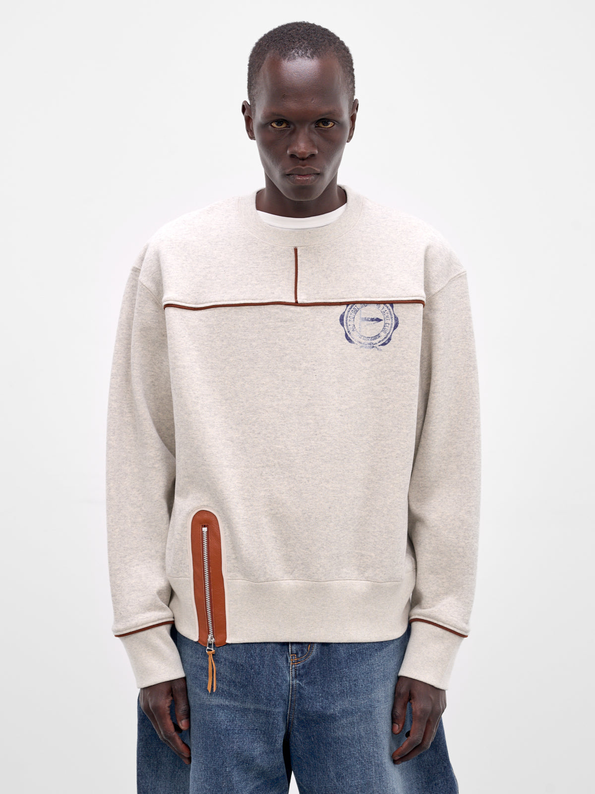 Oatmeal Leather Trim Cotton Sweatshirt (26SS-T-07-OATMEAL)