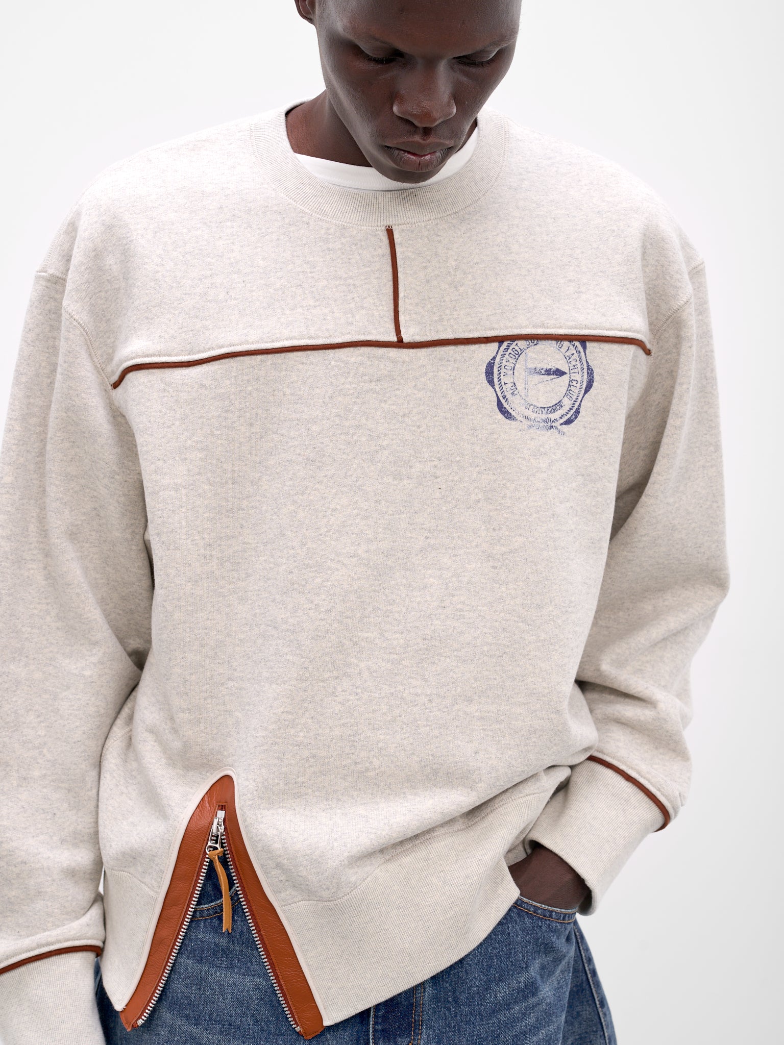 Oatmeal Leather Trim Cotton Sweatshirt (26SS-T-07-OATMEAL)