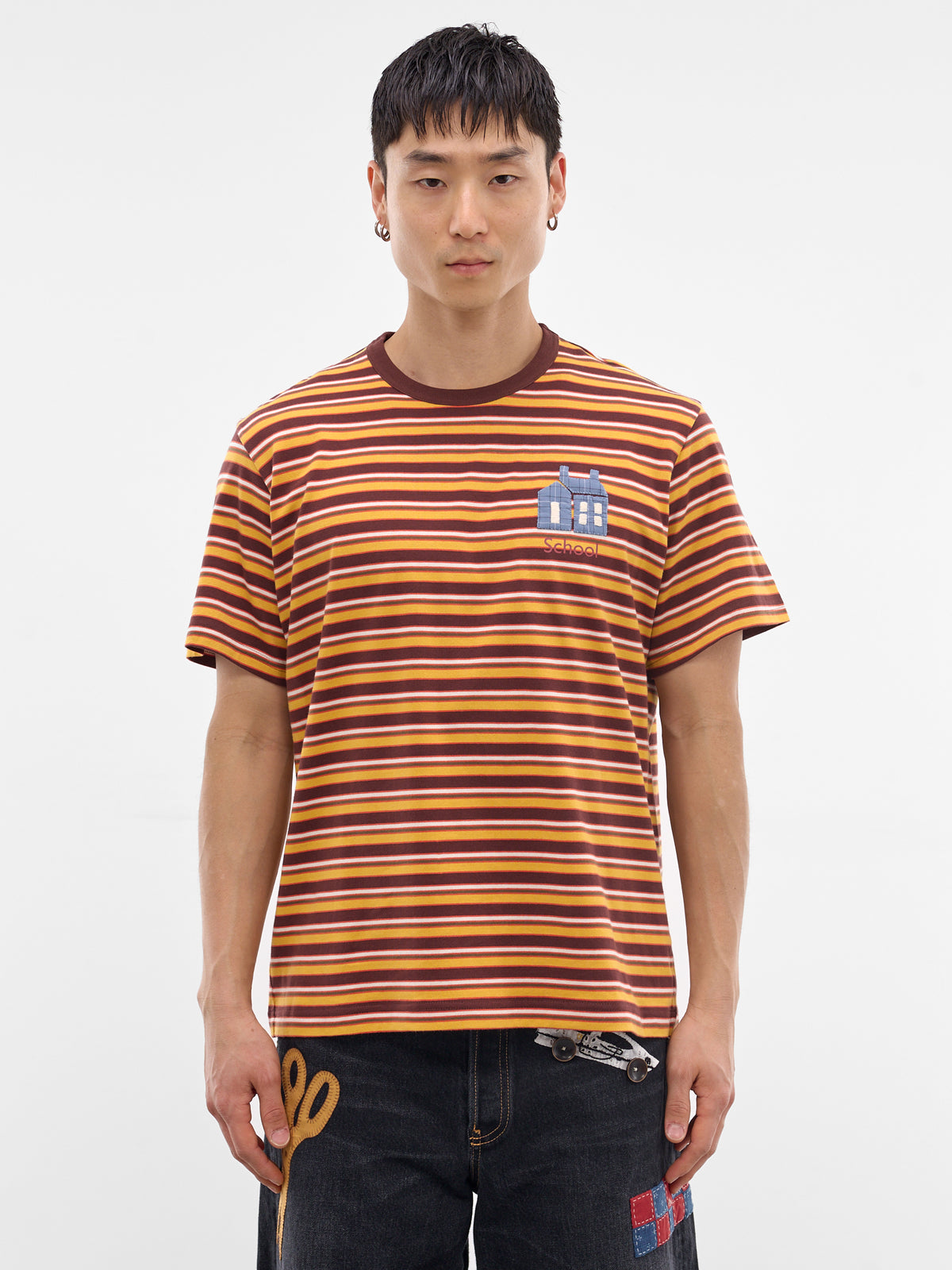 Brown Hand-Embroidered Striped Tee (26SS-T-08-BROWN)