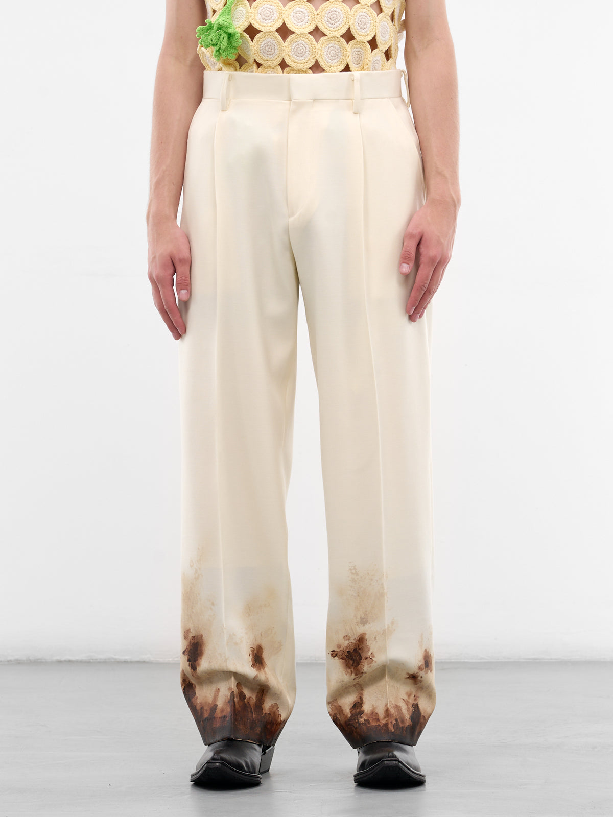 White Wool Mud Print Trousers (26SS12PT344-IVORY)