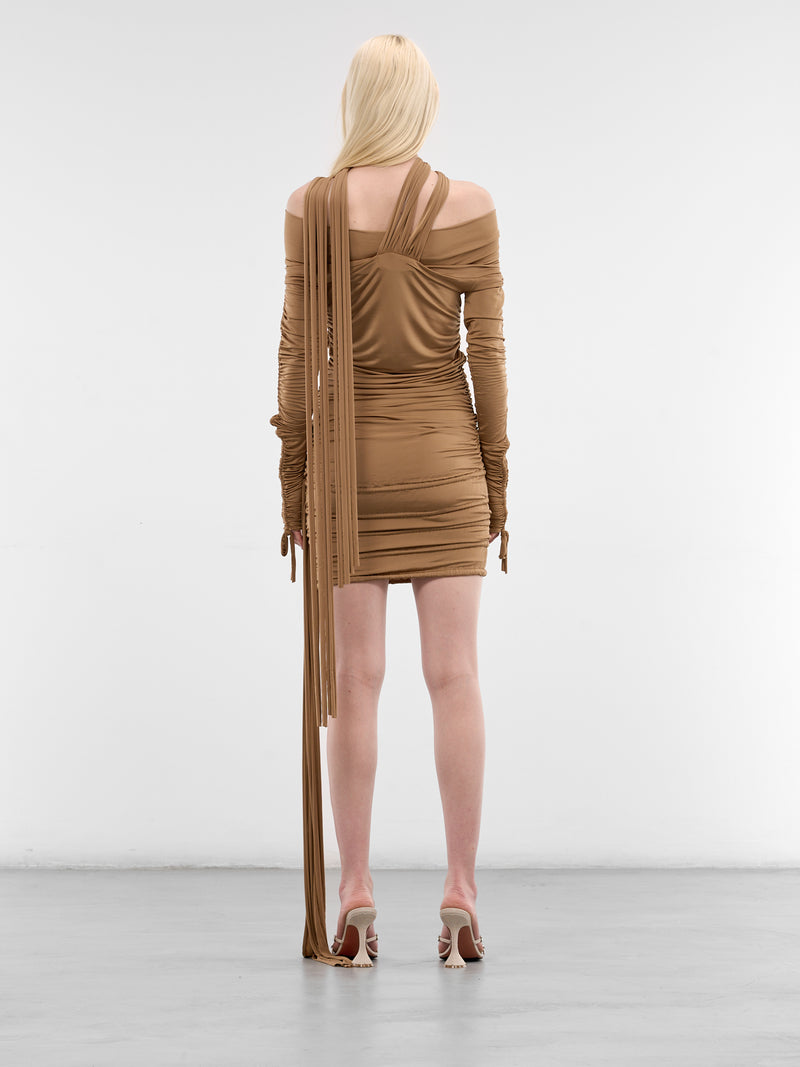 Beige Asymmetric Ruched Draping Dress (2A773A-N0826-AMPHORA-BEIGE)