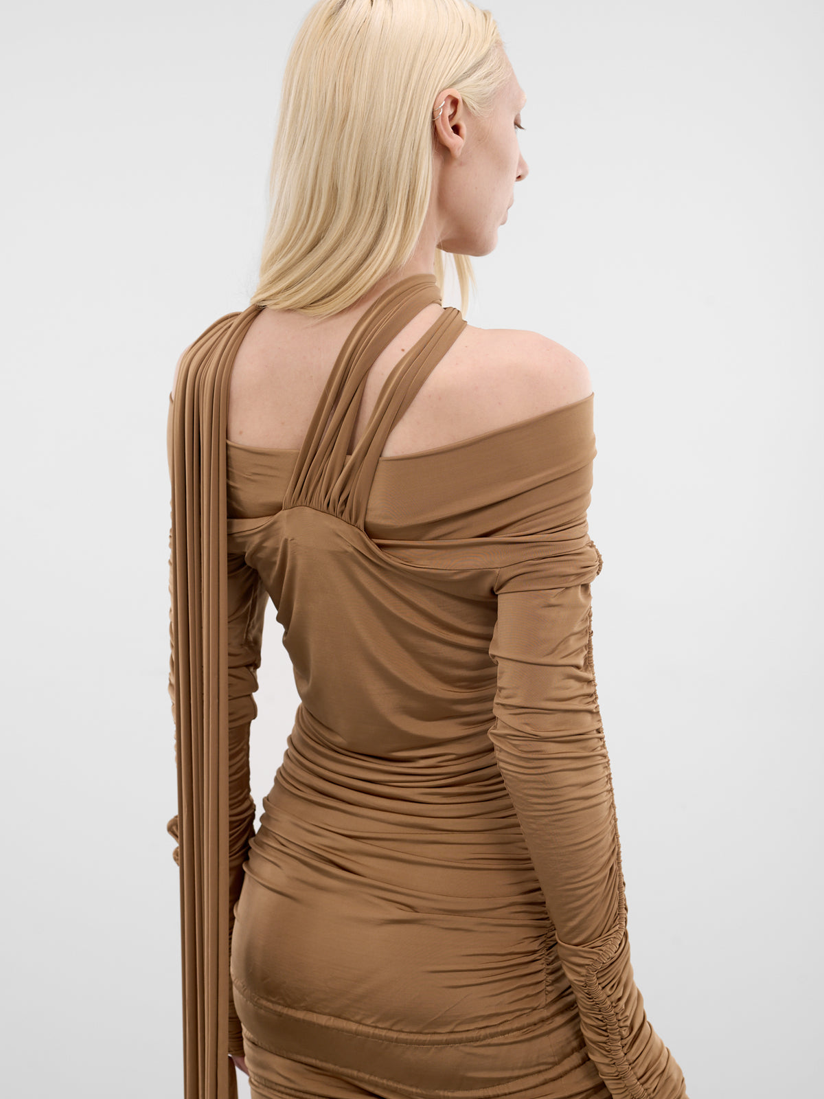 Beige Asymmetric Ruched Draping Dress (2A773A-N0826-AMPHORA-BEIGE)
