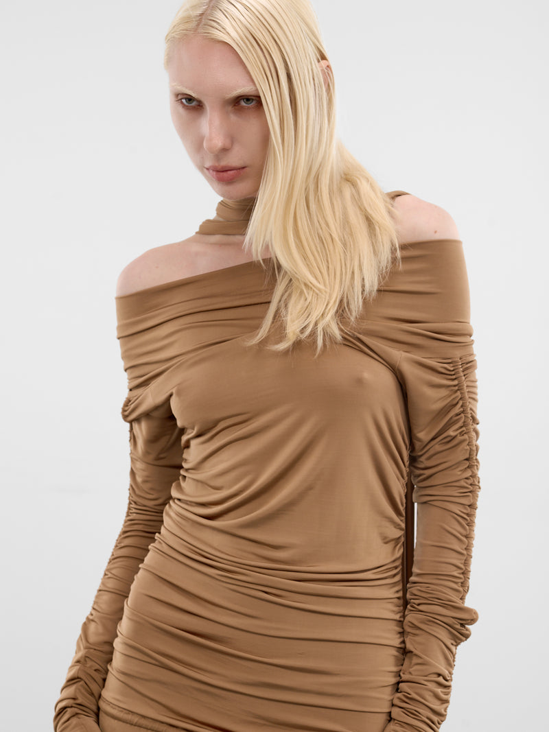Beige Asymmetric Ruched Draping Dress (2A773A-N0826-AMPHORA-BEIGE)