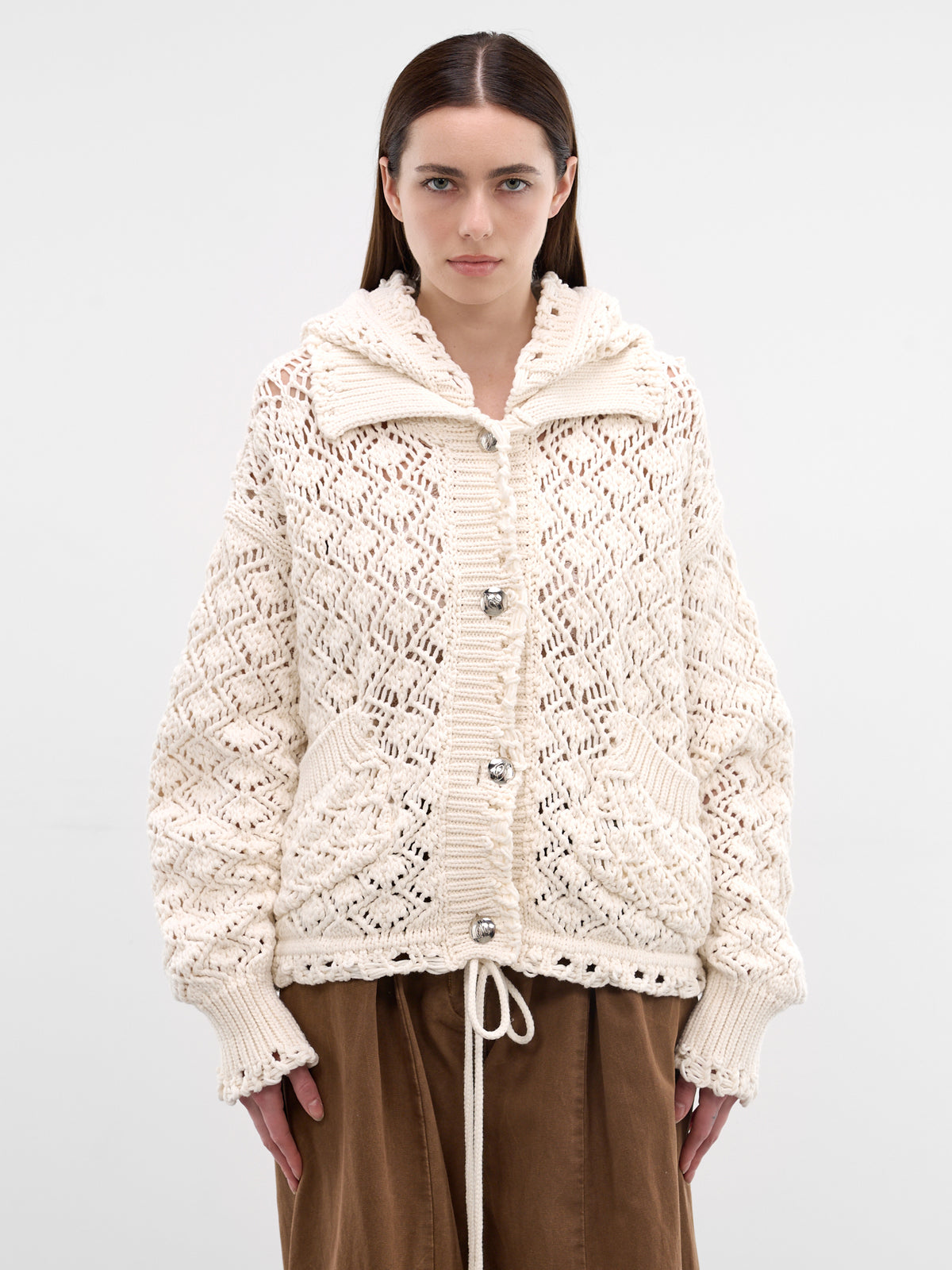 White Cotton Diamond Knit Cardigan (2B110A-N0103-NATURAL-WHITE)