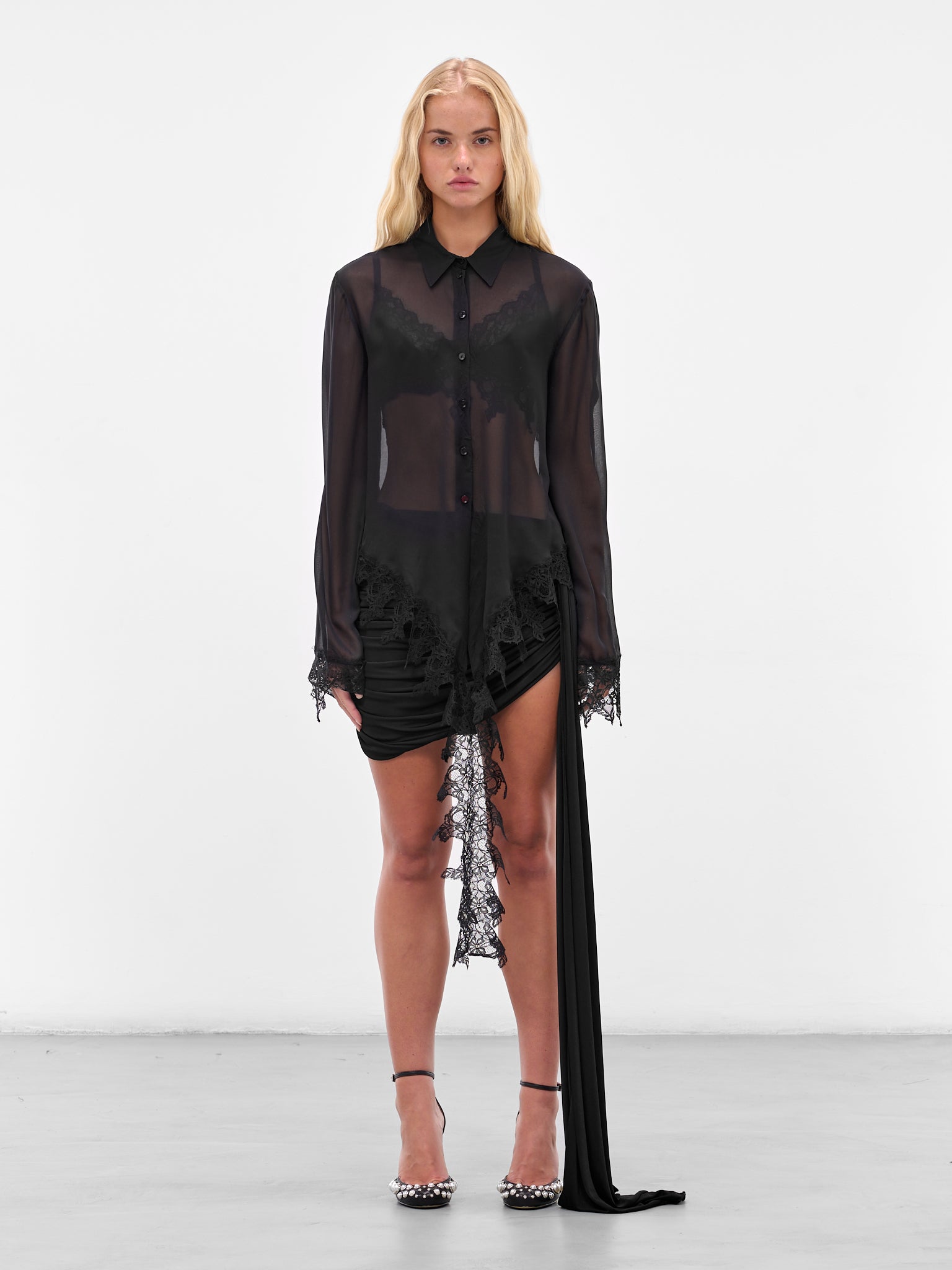 Black Lace Flounce Chiffon Shirt (2C430A-N0990-BLACK)