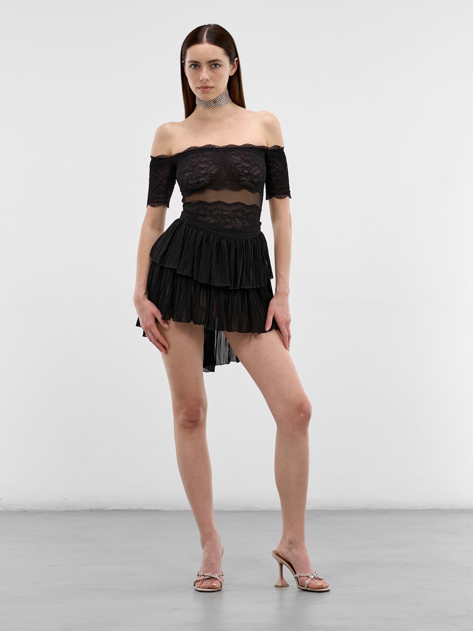 Layered Georgette Pleated Mini Skirt (2G295A-N0990-BLACK)