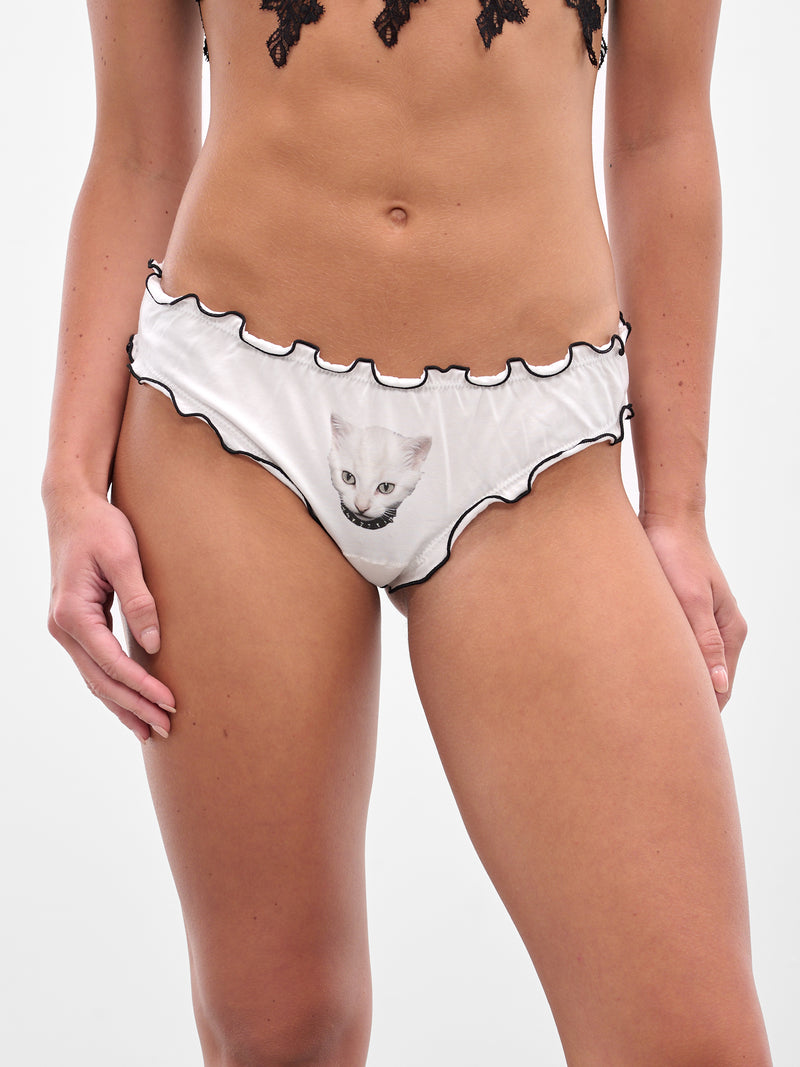 White Kitten Print Ruffled Briefs (2D019A-C1039-NATURAL-WHITE)