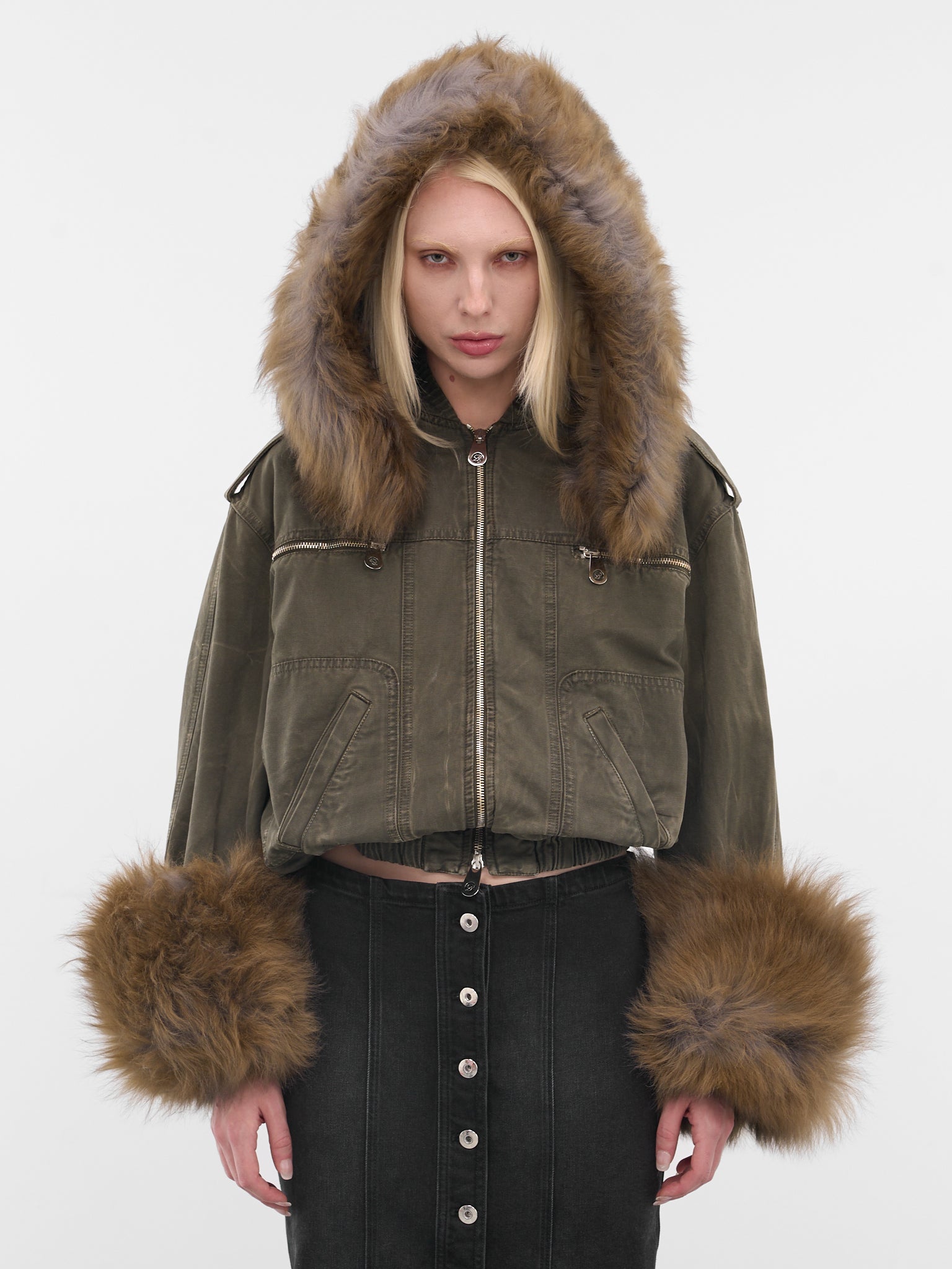 Green Fur Hood Cropped Bomber (2J203A-C5235-BARK-GREEN)