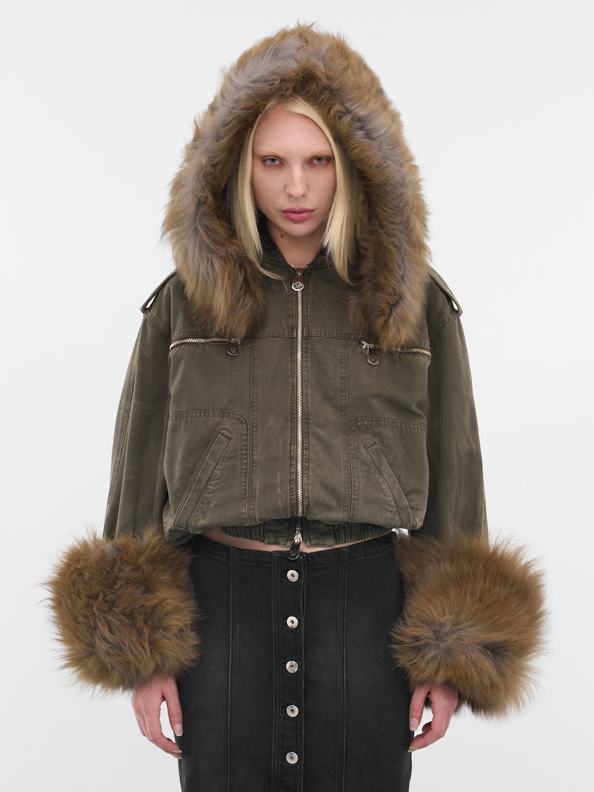 Green Fur Hood Cropped Bomber (2J203A-C5235-BARK-GREEN)