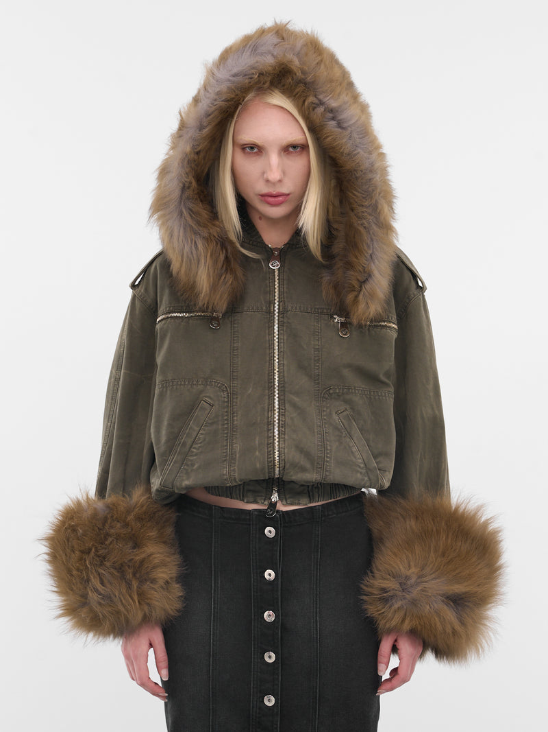 Green Fur Hood Cropped Bomber (2J203A-C5235-BARK-GREEN)