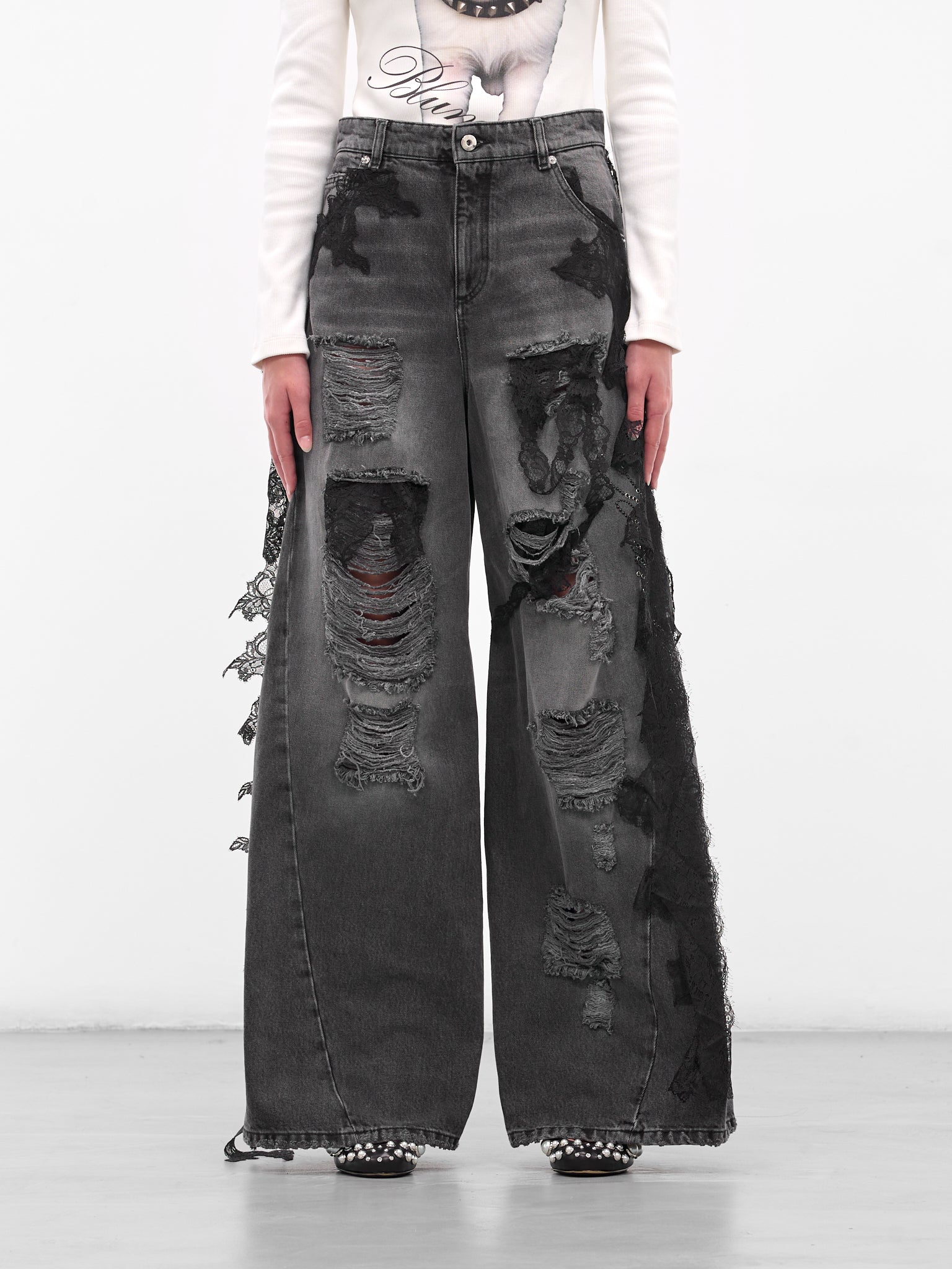 Distressed Lace Boyfriend Wide Jeans (2J220A-GREY-GUNMETAL)