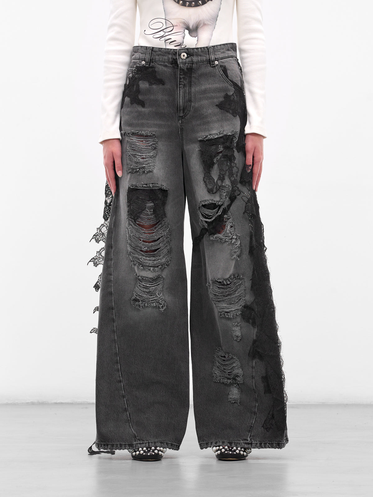Distressed Lace Boyfriend Wide Jeans (2J220A-GREY-GUNMETAL)
