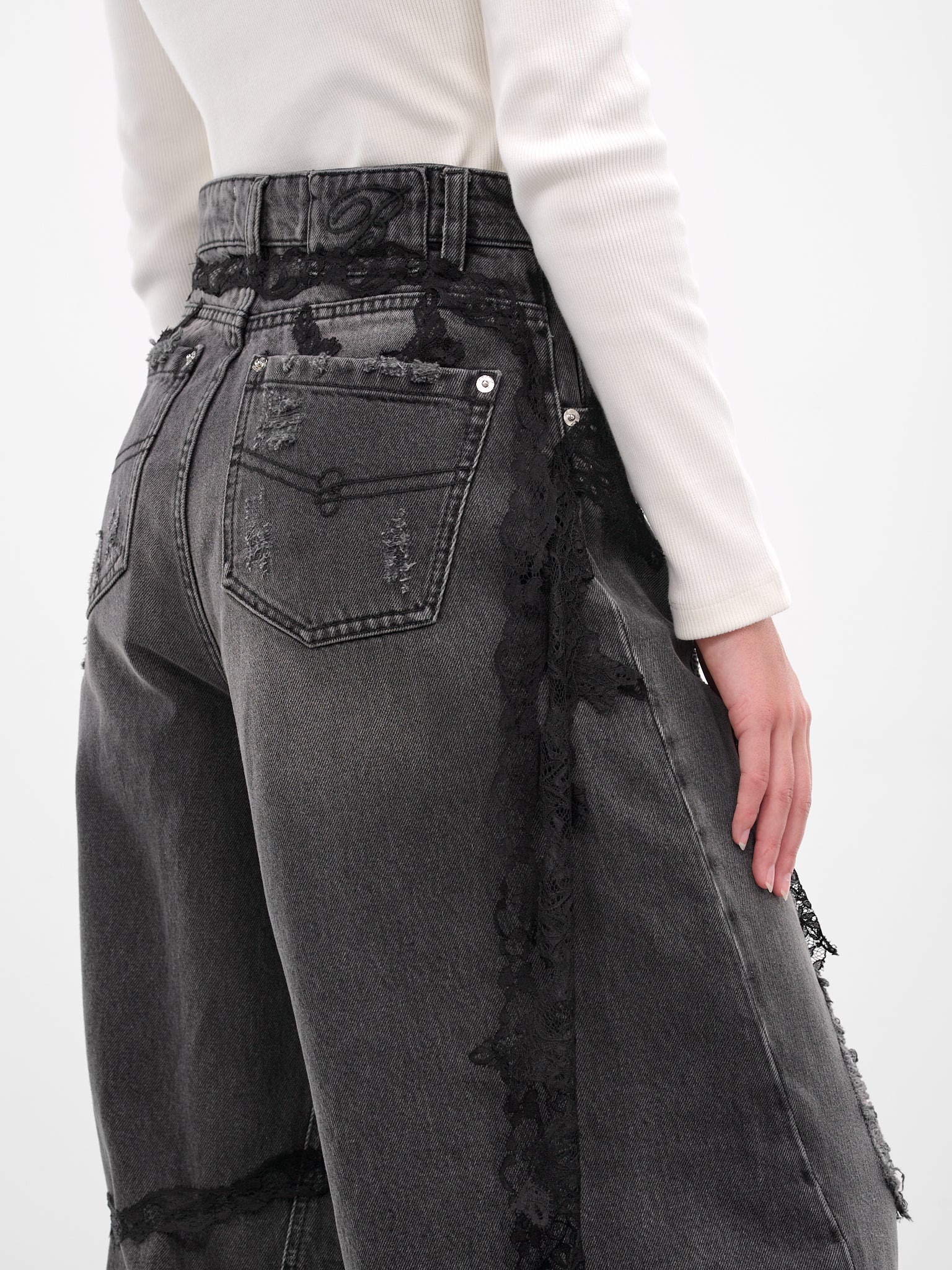 Distressed Lace Boyfriend Wide Jeans (2J220A-GREY-GUNMETAL)