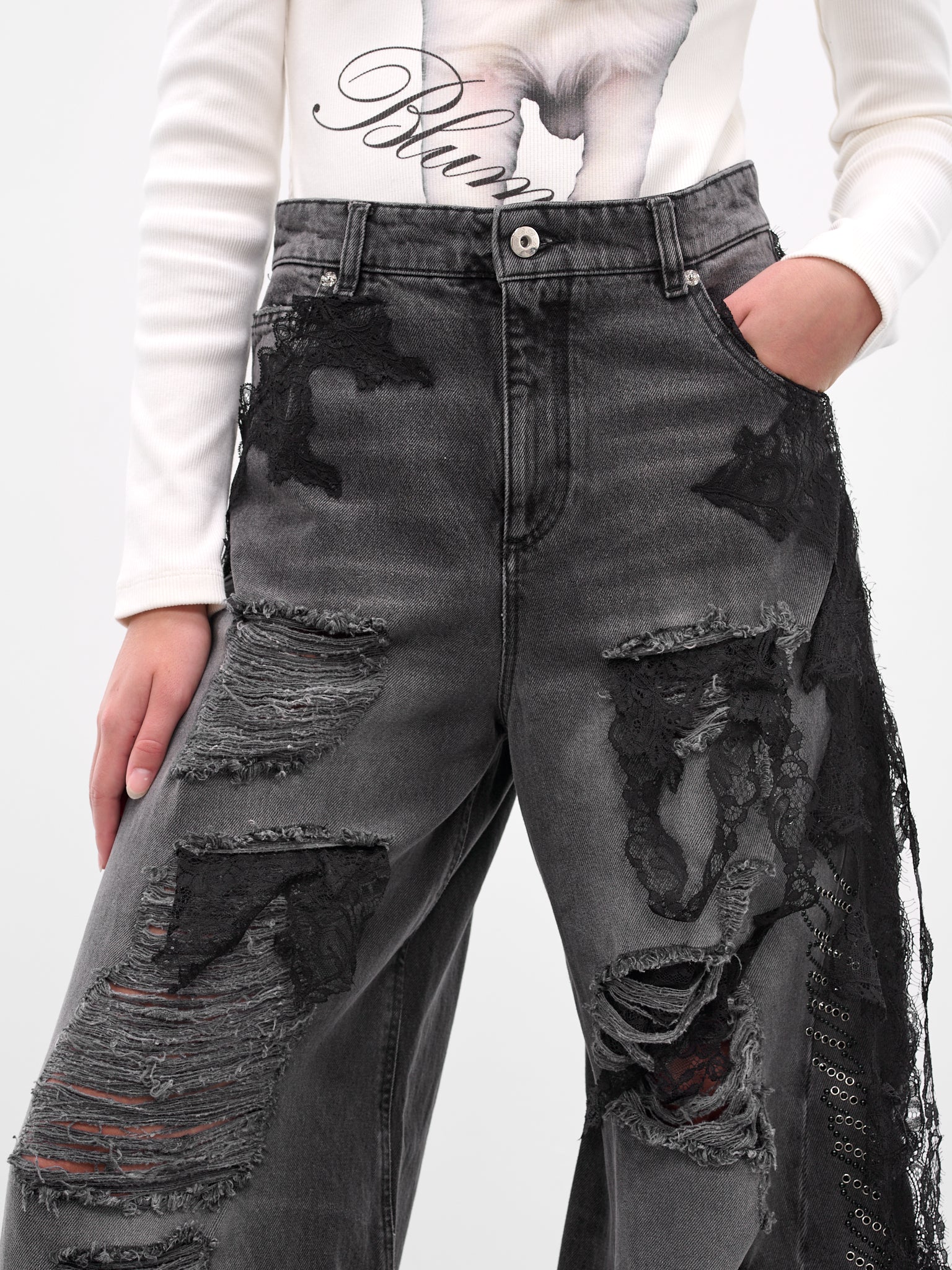 Distressed Lace Boyfriend Wide Jeans (2J220A-GREY-GUNMETAL)