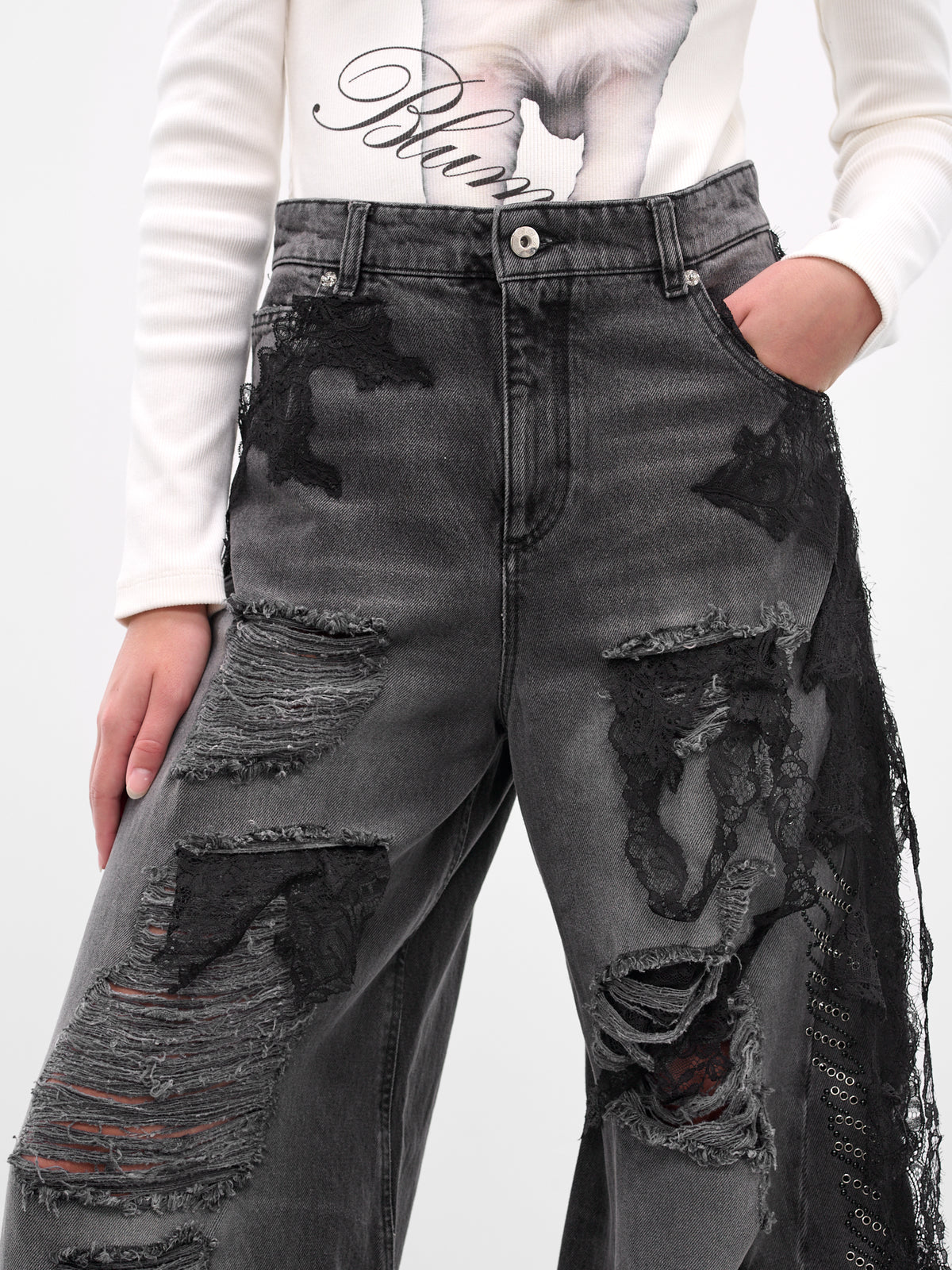 Distressed Lace Boyfriend Wide Jeans (2J220A-GREY-GUNMETAL)