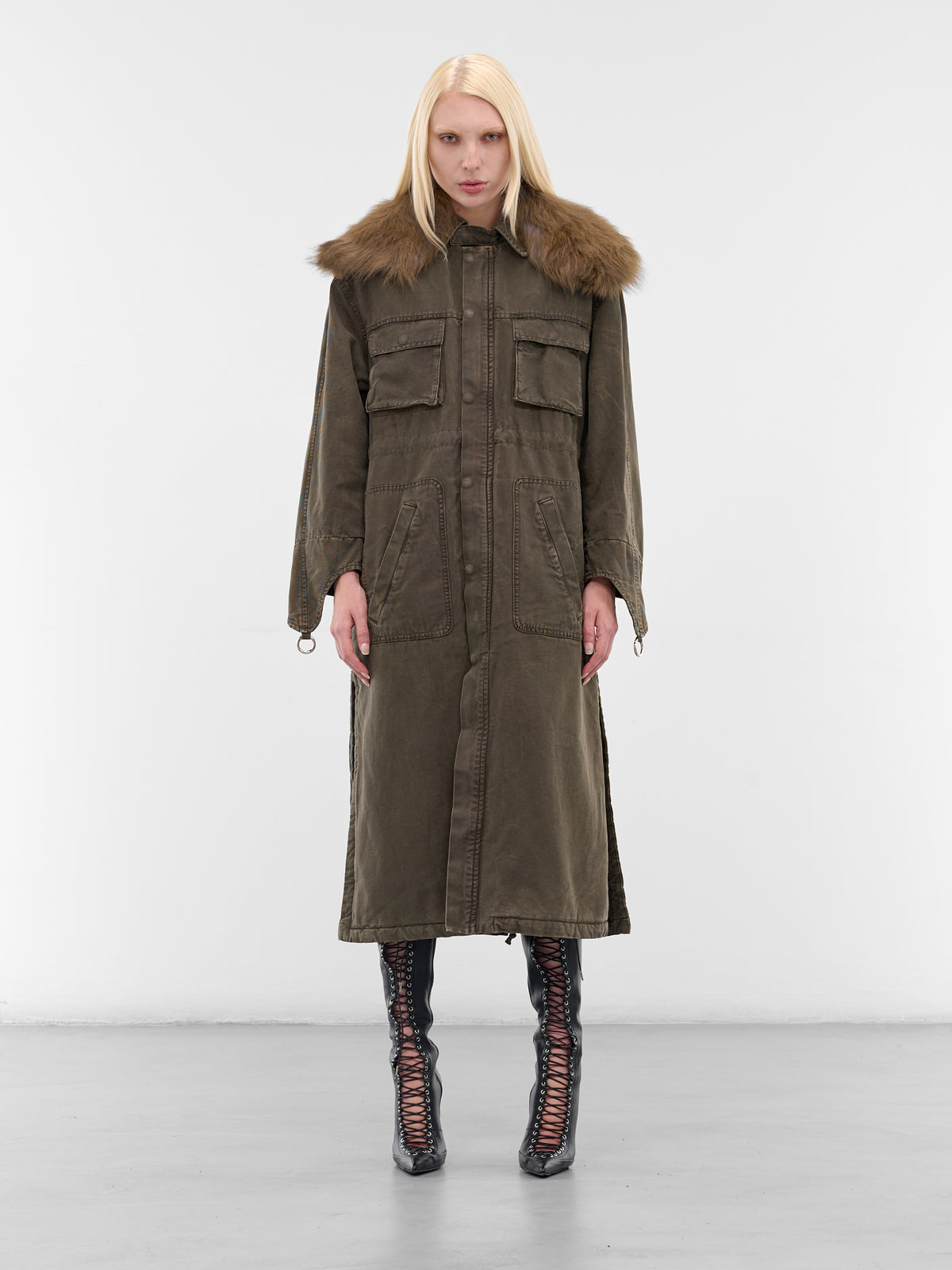 Green Fur Collar Long Coat (2J222A-C5235-BARK-GREEN)