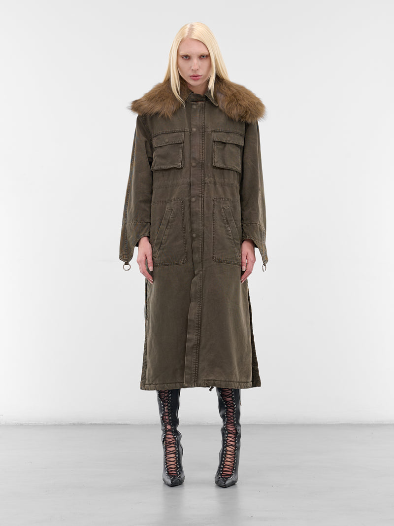 Green Fur Collar Long Coat (2J222A-C5235-BARK-GREEN)