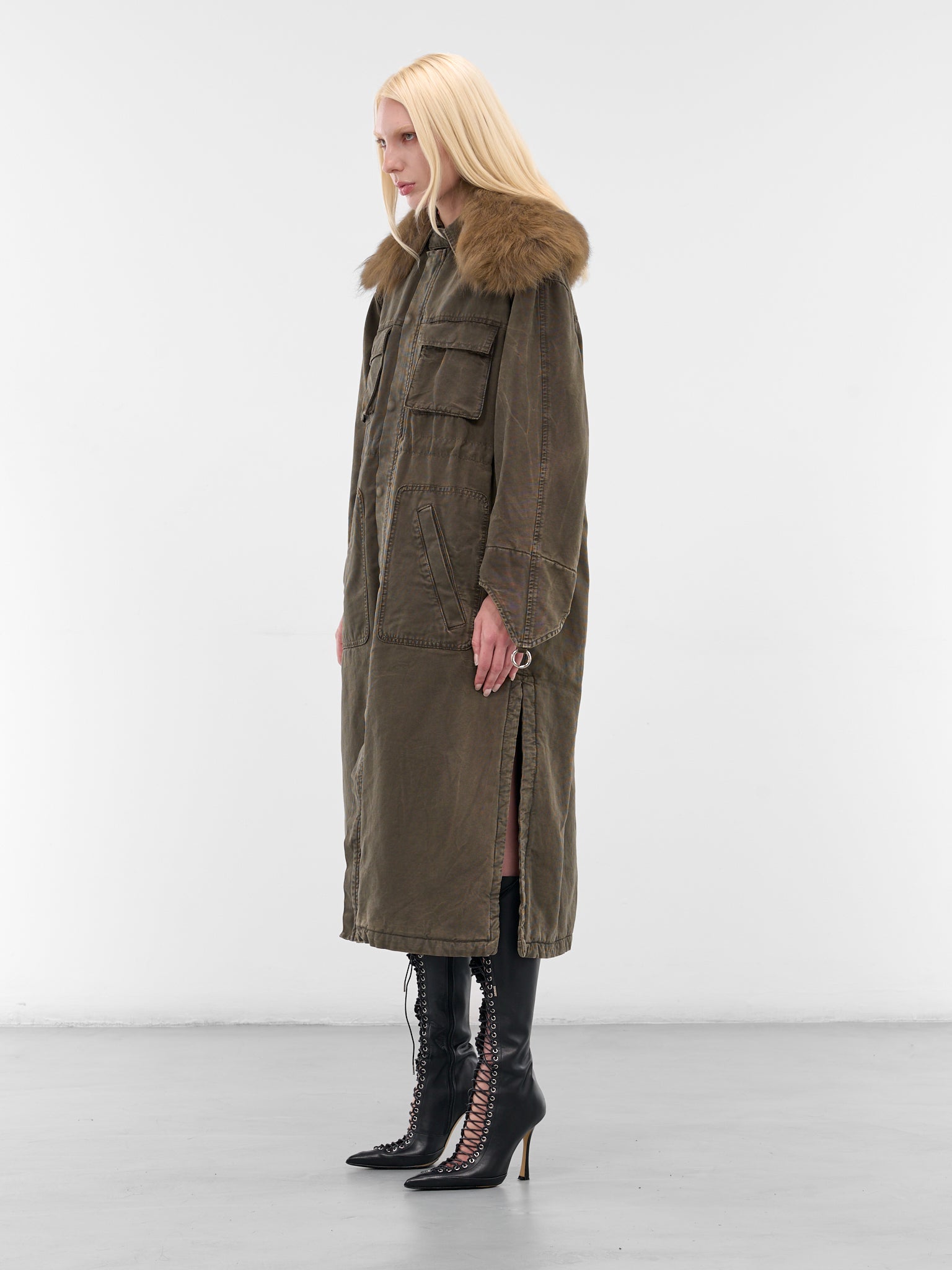 Green Fur Collar Long Coat (2J222A-C5235-BARK-GREEN)