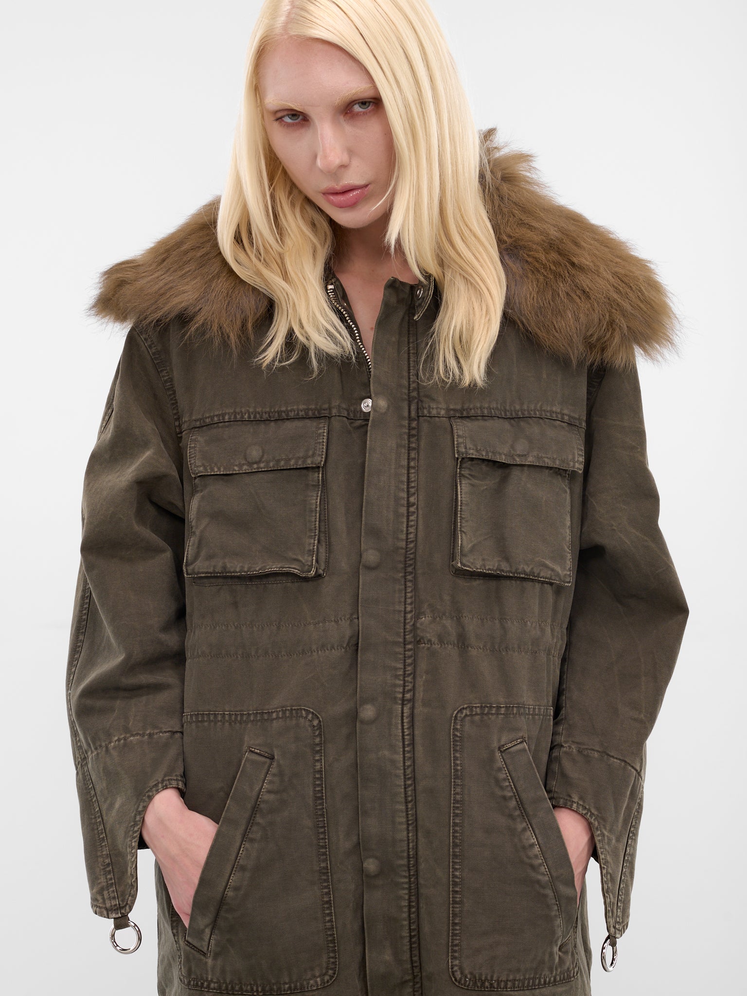 Green Fur Collar Long Coat (2J222A-C5235-BARK-GREEN)