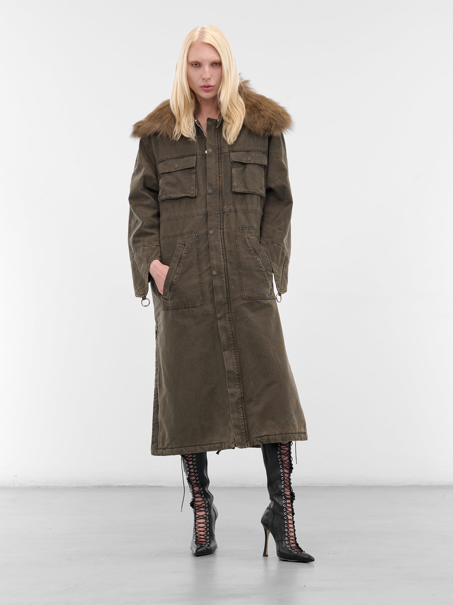 Green Fur Collar Long Coat (2J222A-C5235-BARK-GREEN)