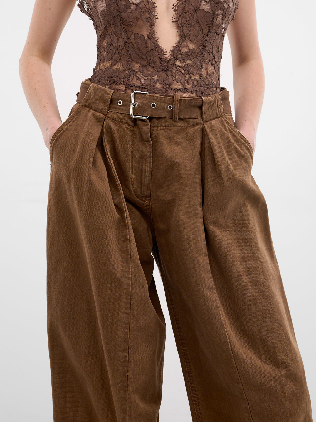 Brown Canvas Pleated Wide Trousers (2J226A-N0517-TOFFEE-BROWN)