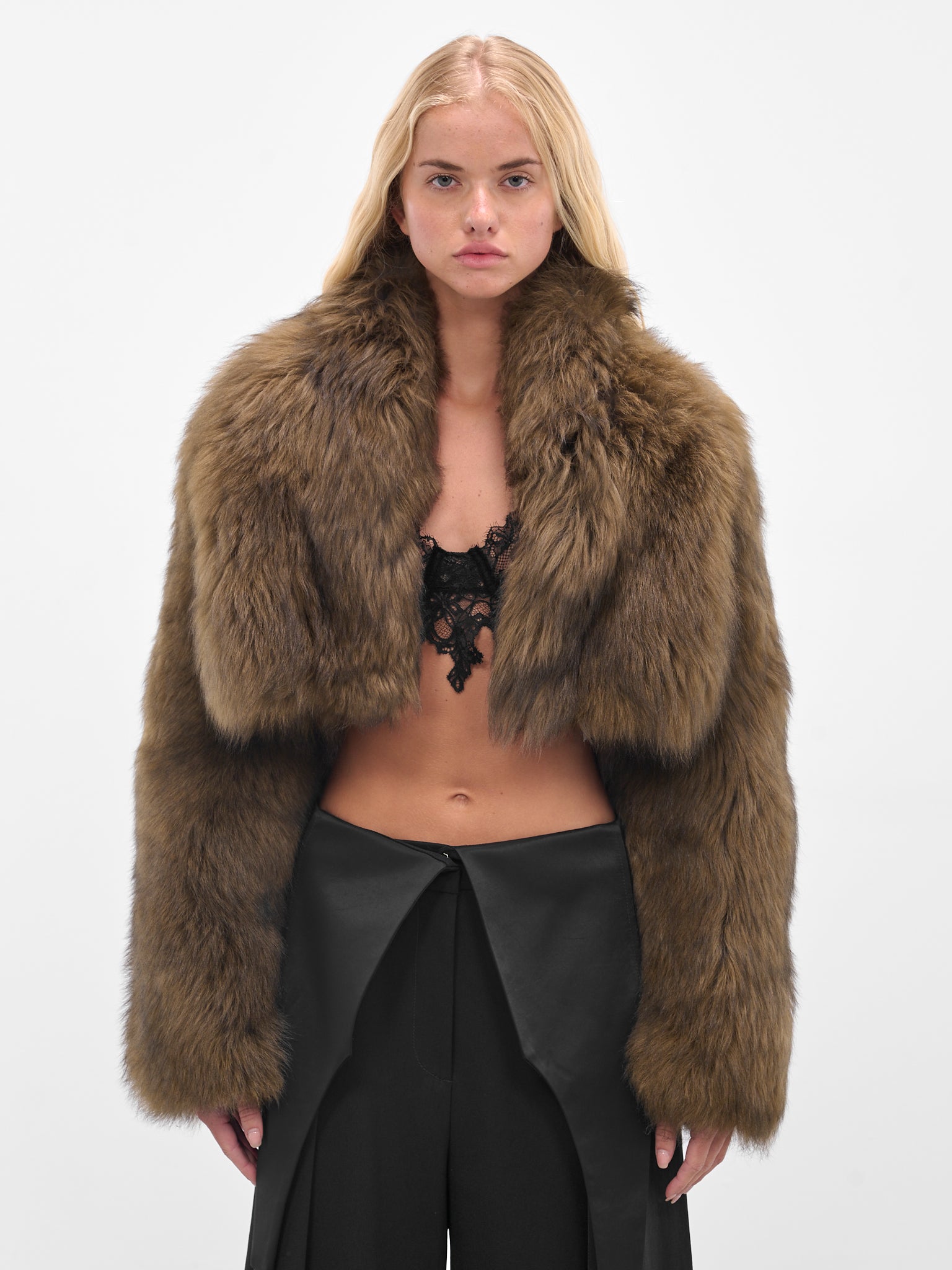 Brown Oversized Crop Fur Jacket (2L082A-P5569-CARAMEL-BLACK)