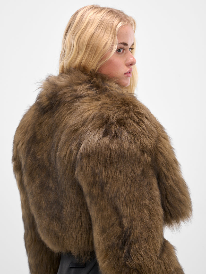 Brown Oversized Crop Fur Jacket (2L082A-P5569-CARAMEL-BLACK)