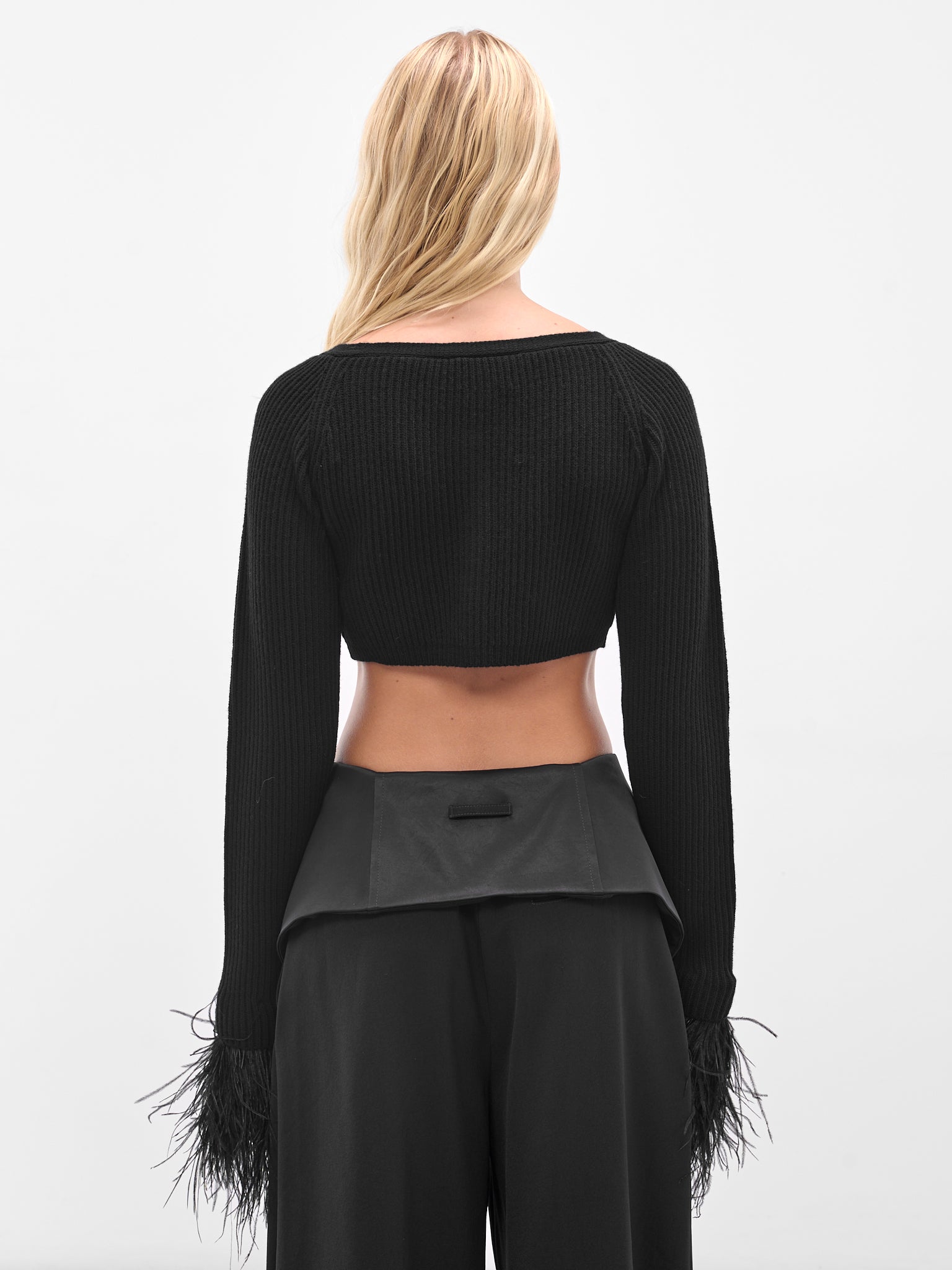 Black Cropped Feather Trim Cardigan (2M583A-N0990-BLACK)