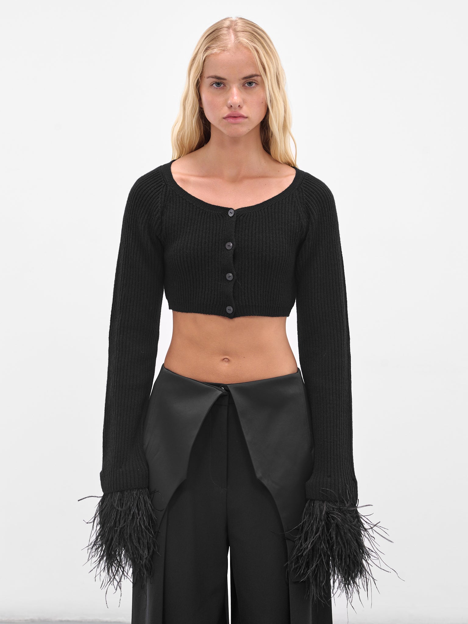 Black Cropped Feather Trim Cardigan (2M583A-N0990-BLACK)