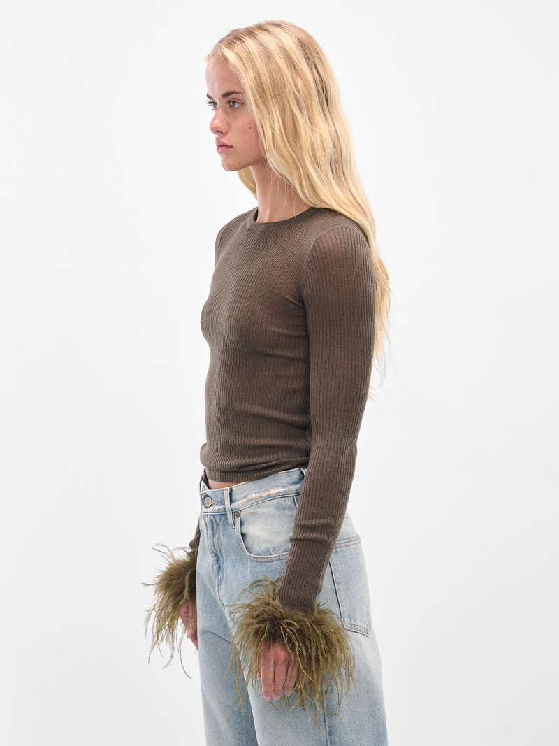 Feather Trim Long Sleeve Sweater (2M648A-N0523-BARK-GREEN)