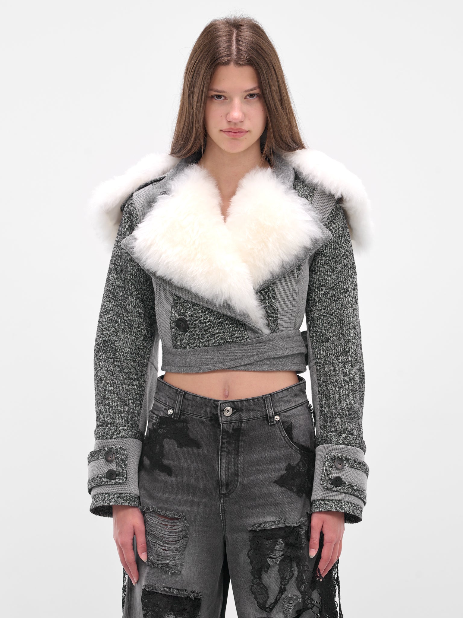Gray Cropped Goat Fur Jacket (2S095A-BUTTER-BLACK)