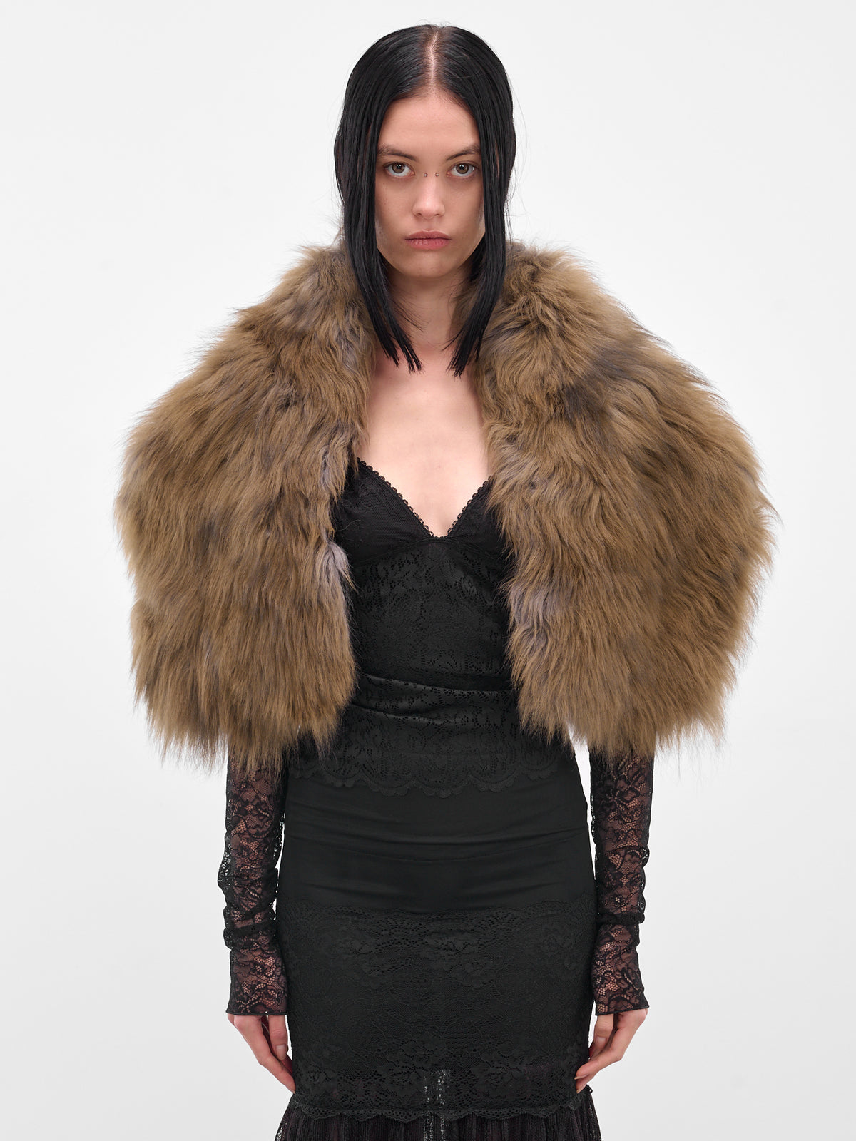 Brown Lamb Fur Stole (2W373A-P5569-CARAMEL-BLACK)