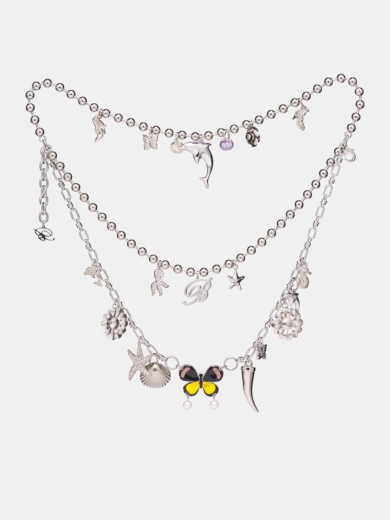 Silver Rhinestone Charm Double Necklace (2W402A-N0992-SILVER)