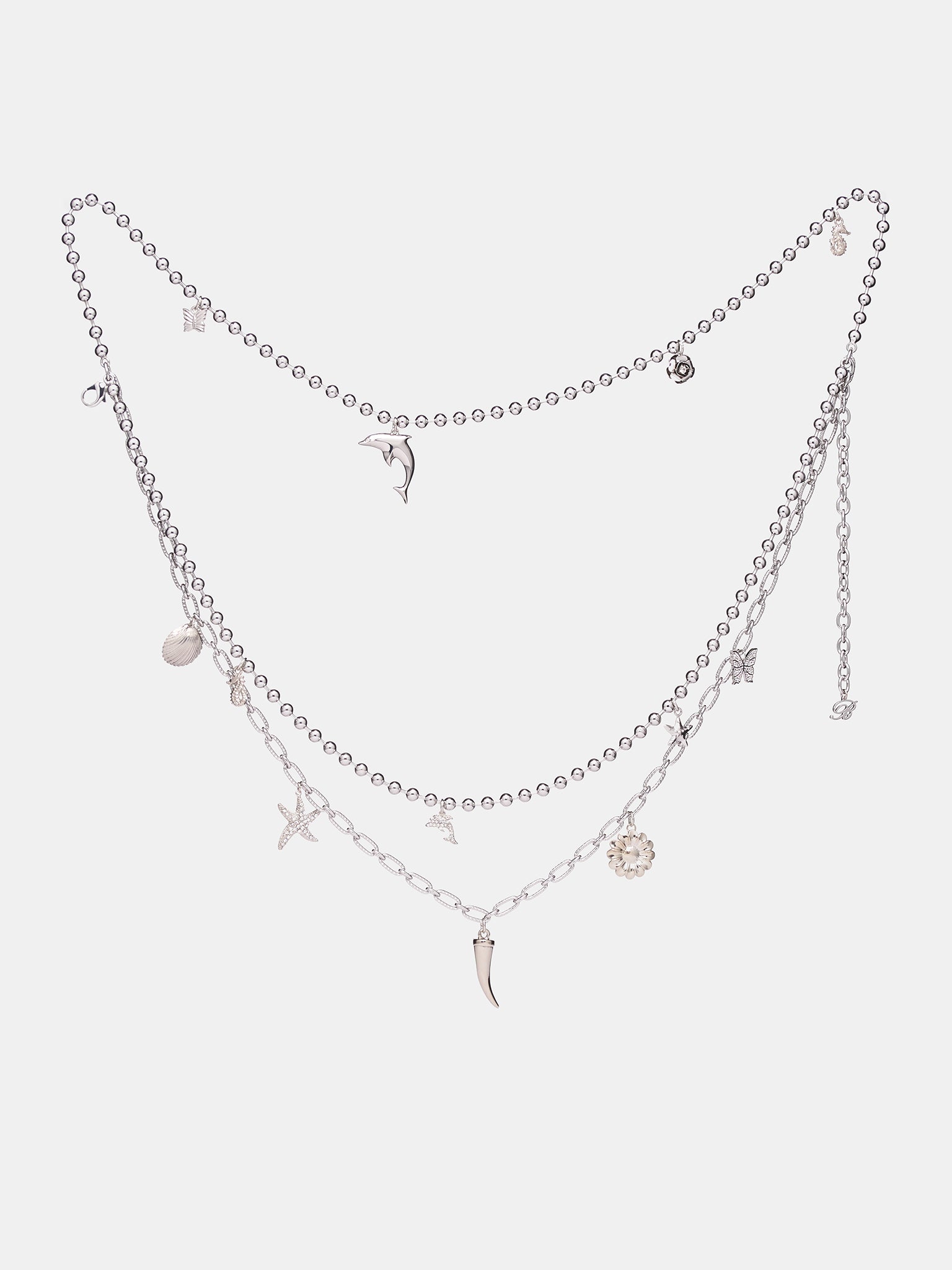 Silver Rhinestone Charm Double Necklace (2W402A-N0992-SILVER)