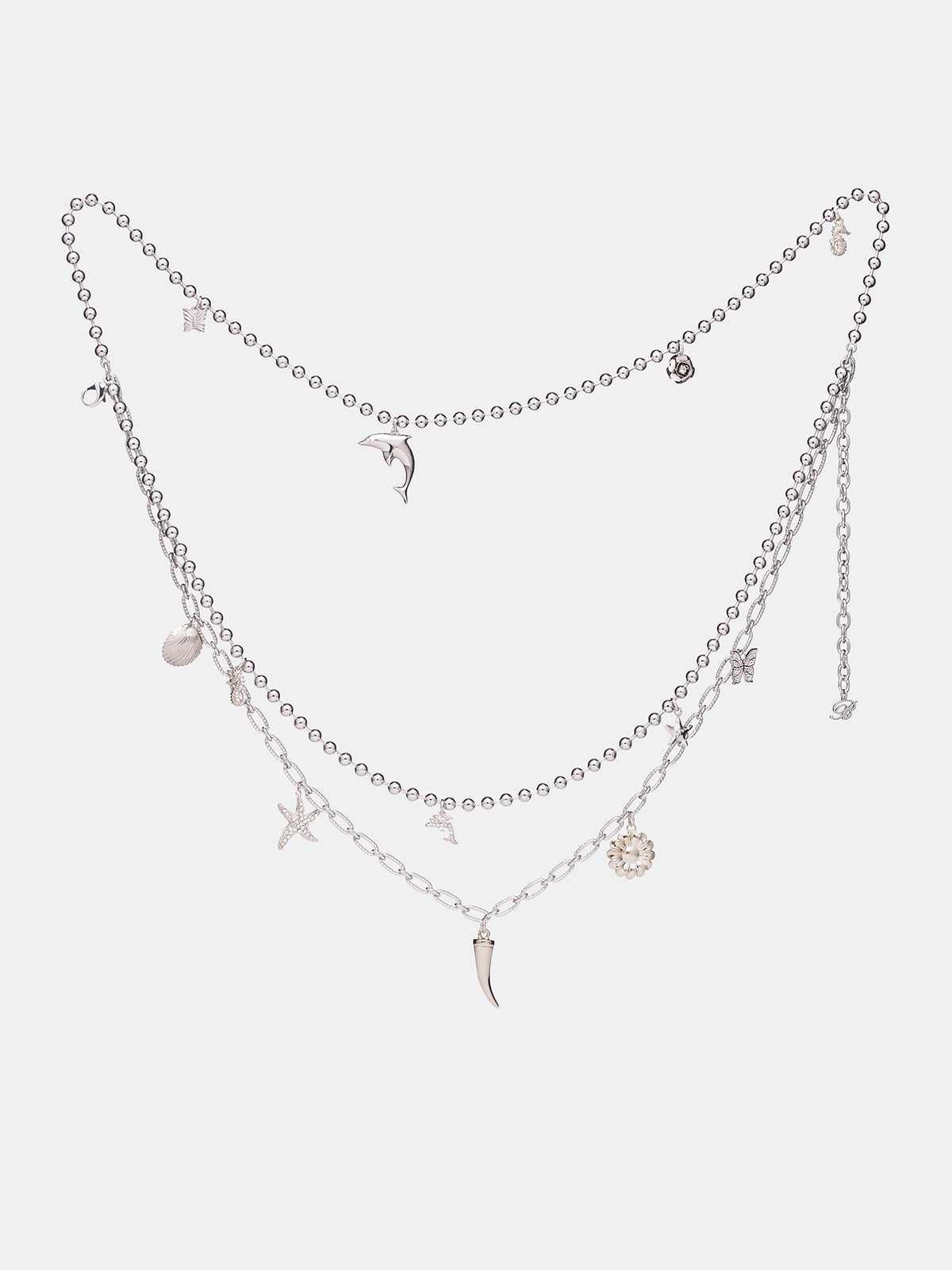 Silver Rhinestone Charm Double Necklace (2W402A-N0992-SILVER)