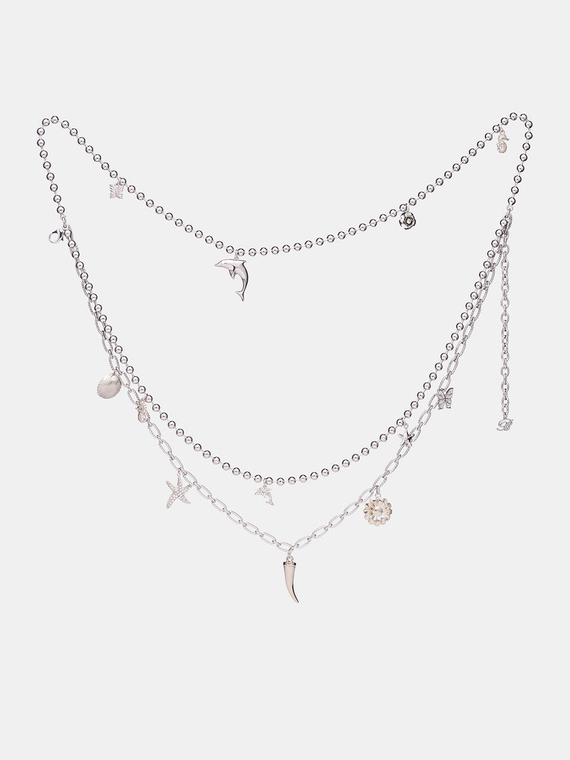 Silver Rhinestone Charm Double Necklace (2W402A-N0992-SILVER)